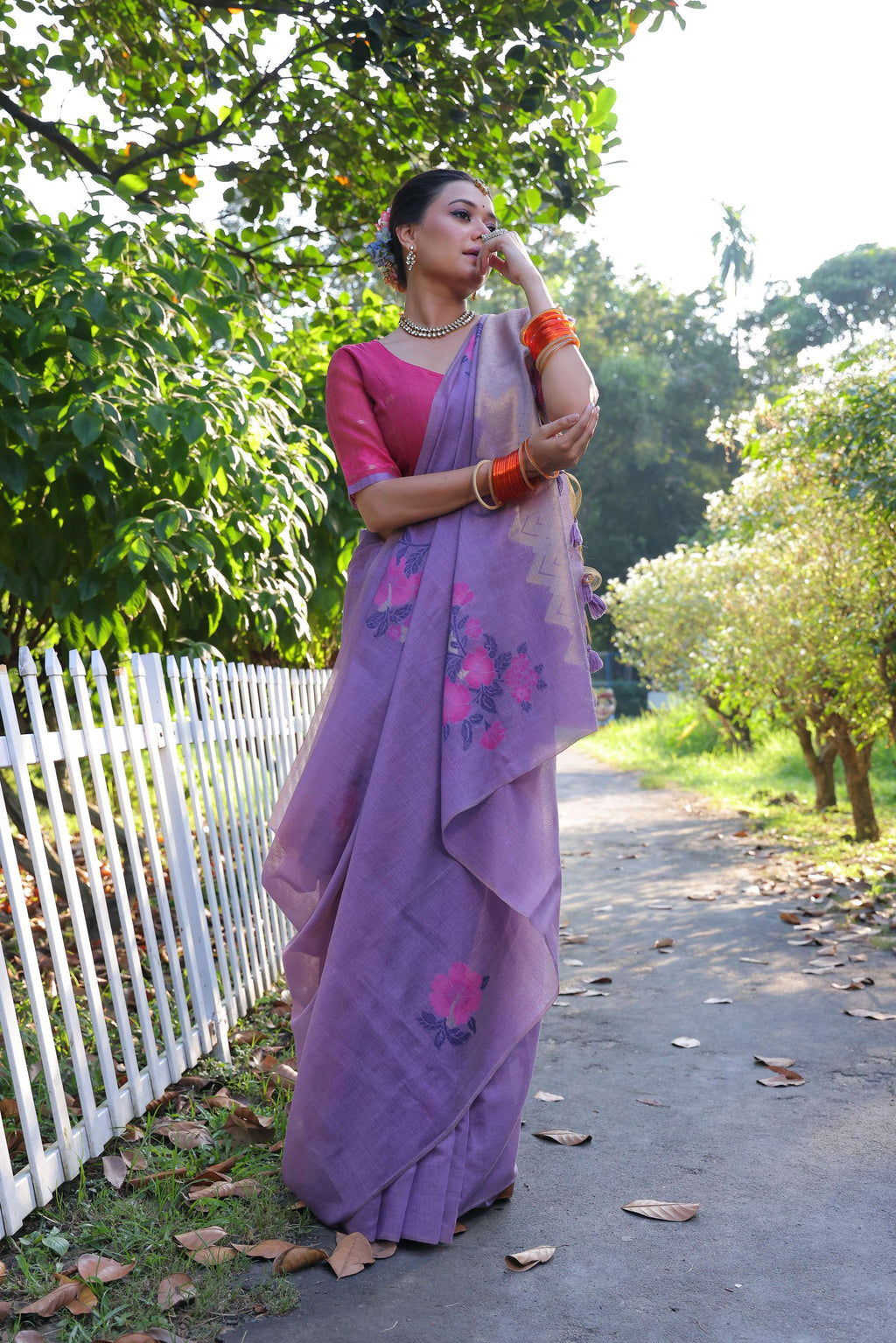 Jyoti Fashion Women's Purple Soft Muga Cotton Resham Jamdani Weaving Traditional Saree with Blouse