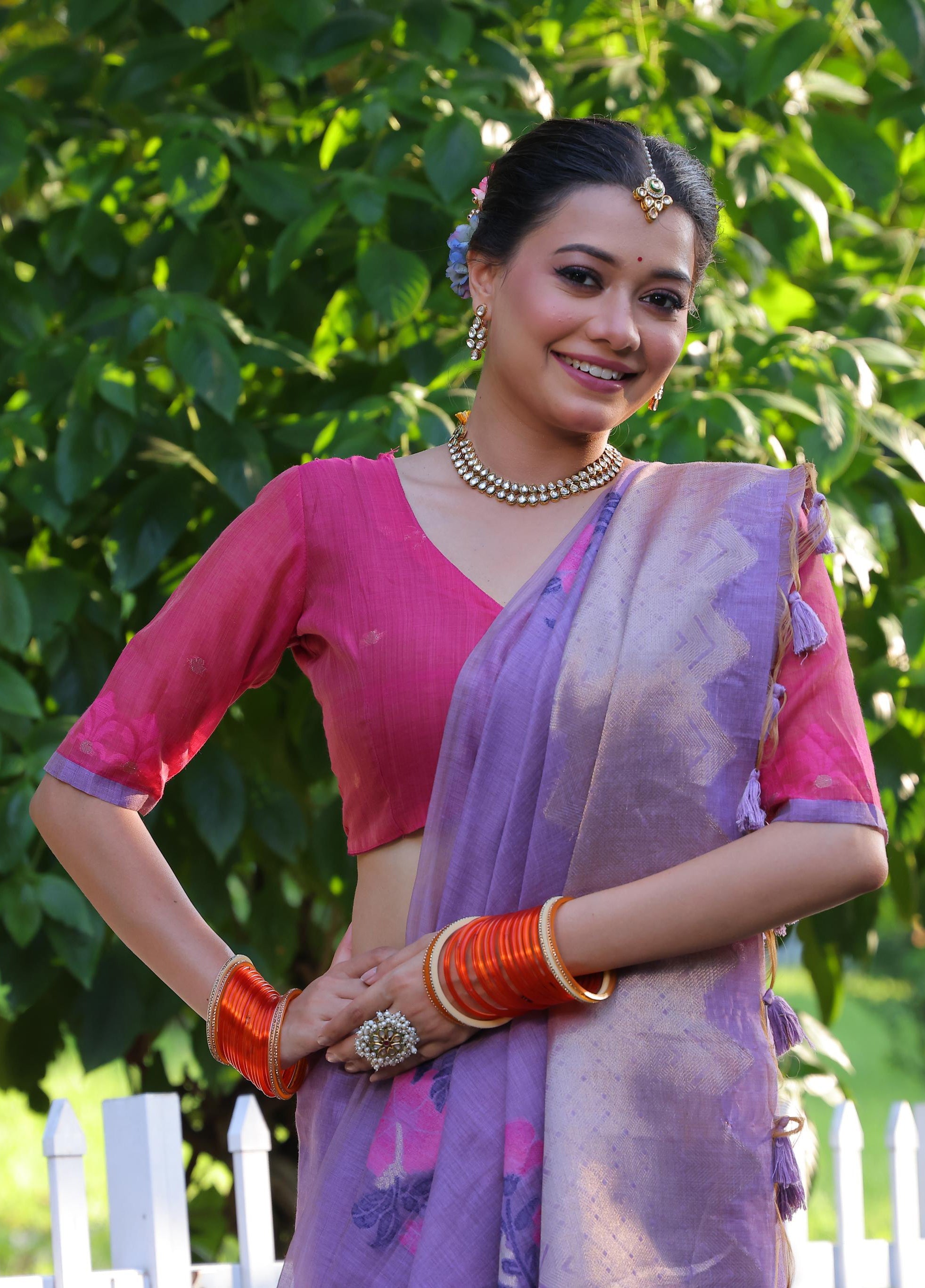Jyoti Fashion Women's Purple Soft Muga Cotton Resham Jamdani Weaving Traditional Saree with Blouse