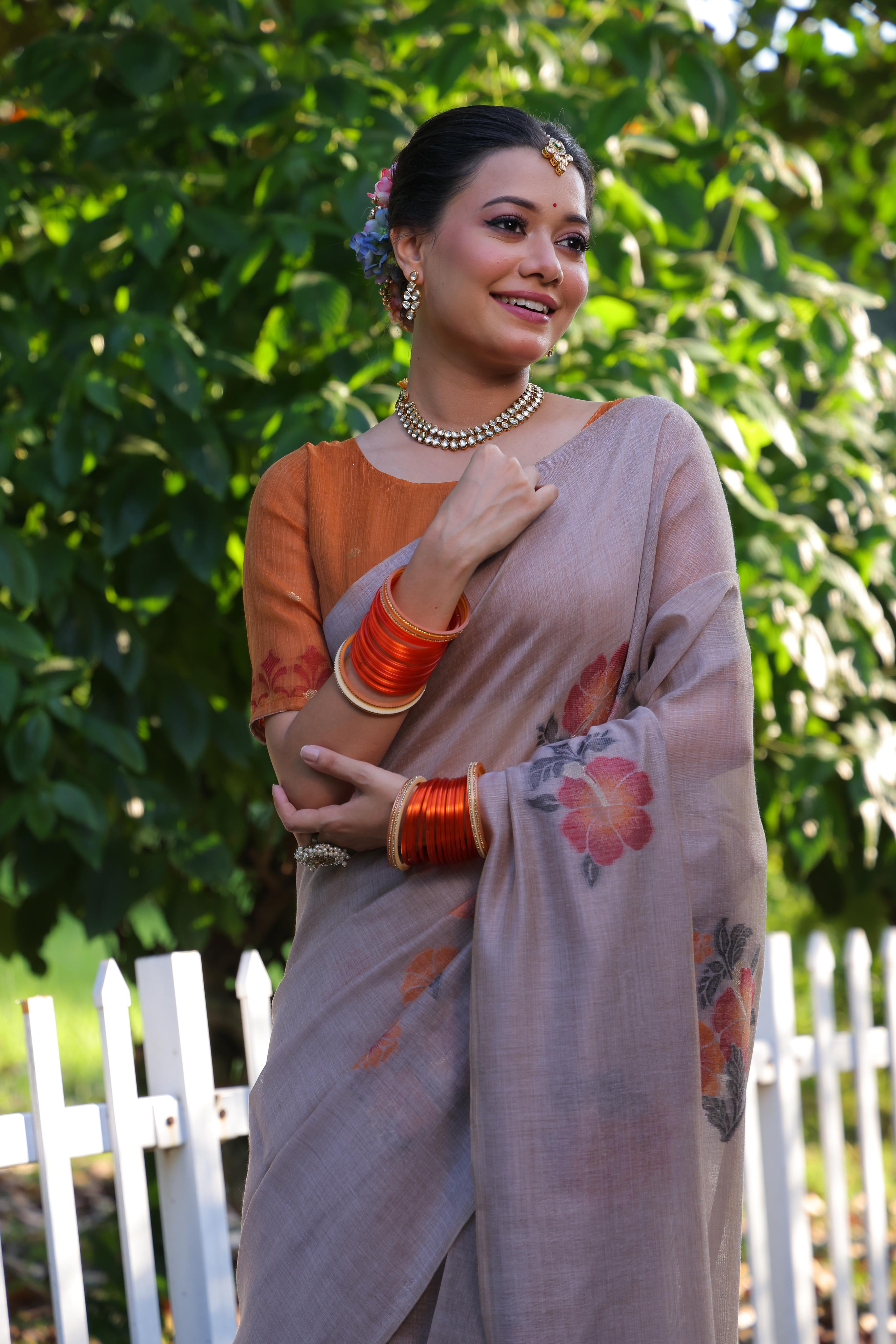 Jyoti Fashion Women's Grey Soft Muga Cotton Resham Jamdani Weaving Traditional Saree with Blouse