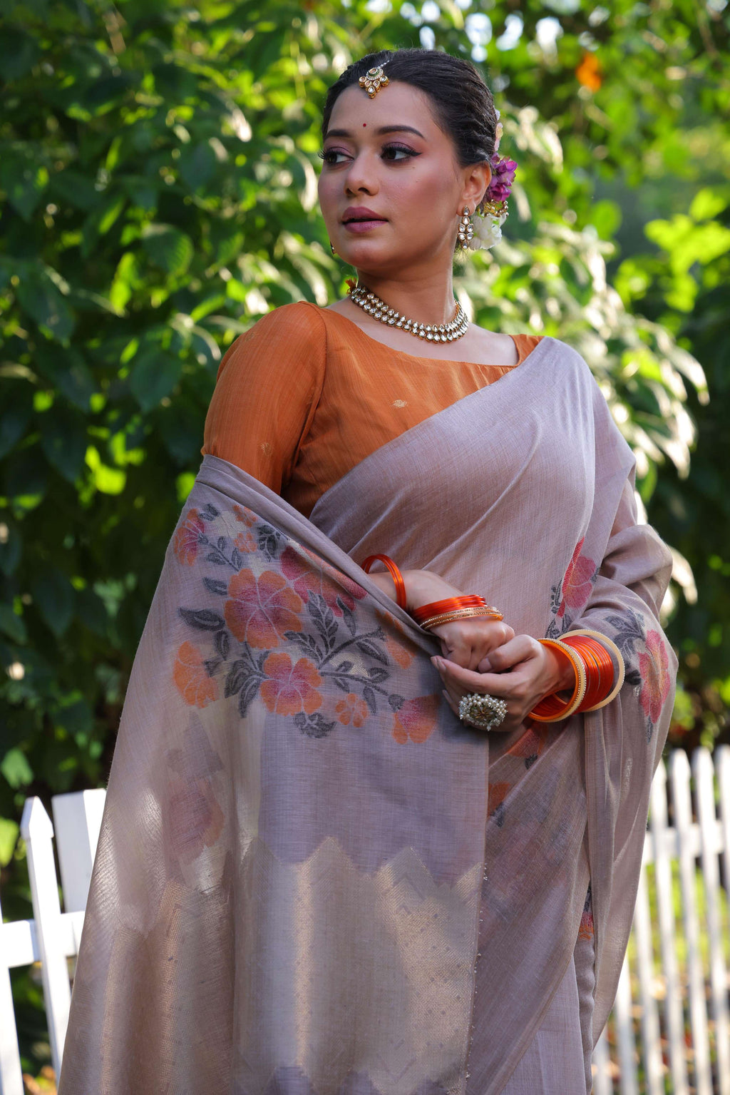 Jyoti Fashion Women's Grey Soft Muga Cotton Resham Jamdani Weaving Traditional Saree with Blouse