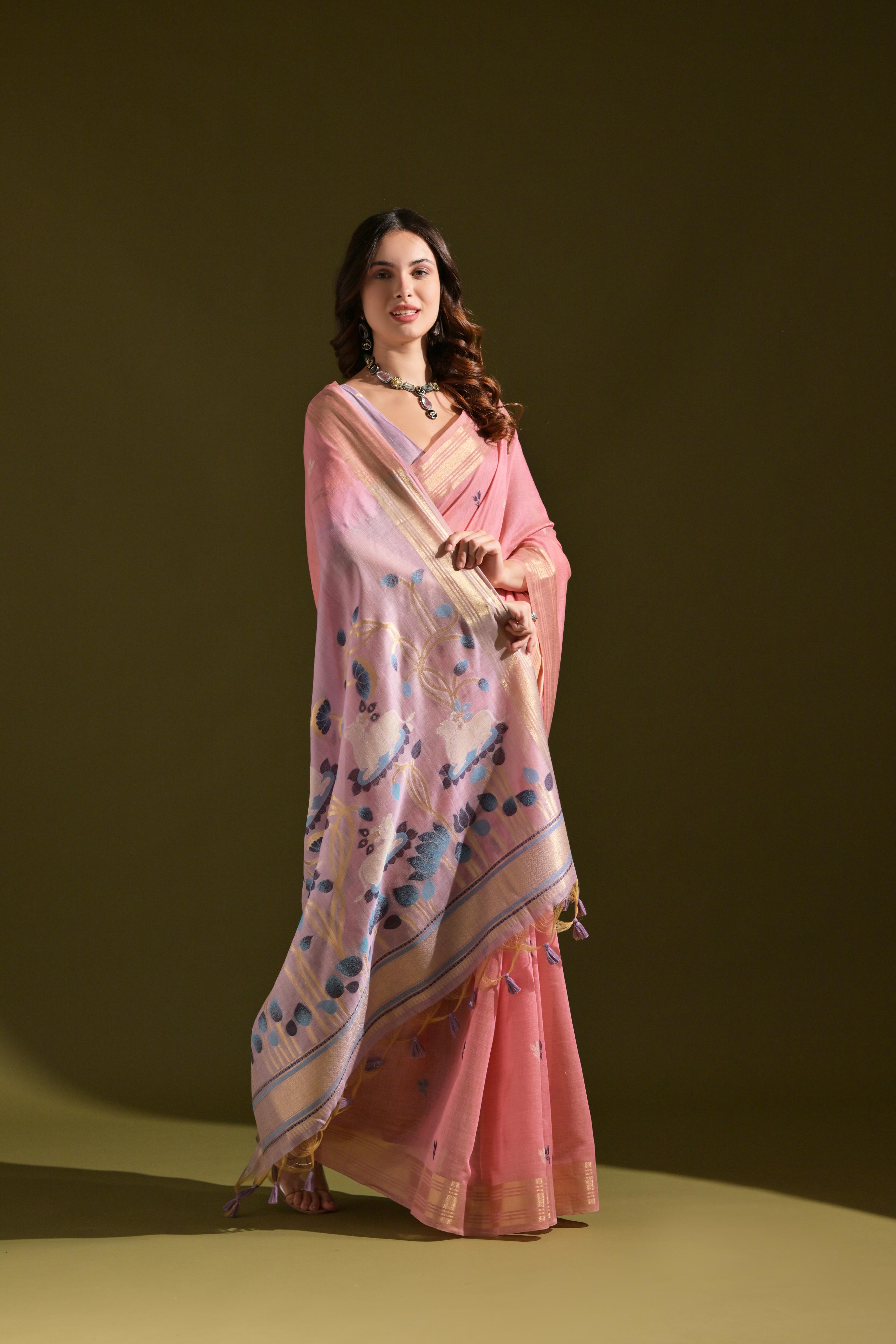 Jyoti Fashion Women's Baby Pink Soft Muga Cotton Resham Zari Weaving Traditional Saree with Blouse