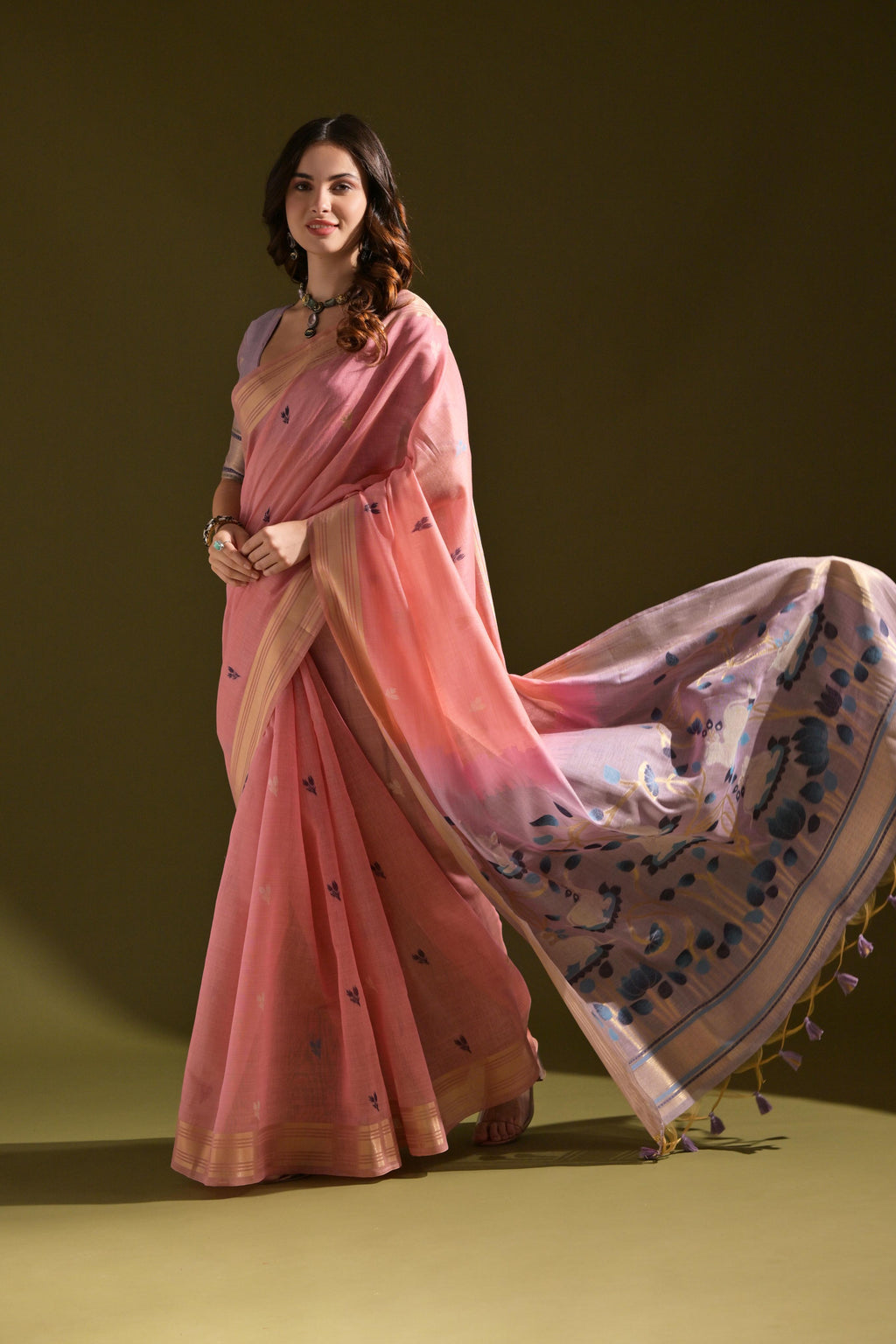 Jyoti Fashion Women's Baby Pink Soft Muga Cotton Resham Zari Weaving Traditional Saree with Blouse