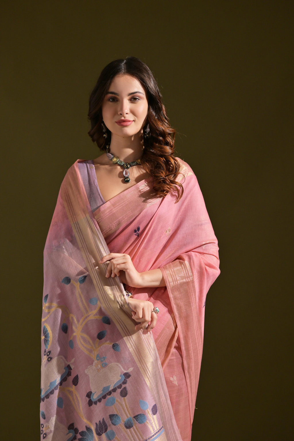 Jyoti Fashion Women's Baby Pink Soft Muga Cotton Resham Zari Weaving Traditional Saree with Blouse