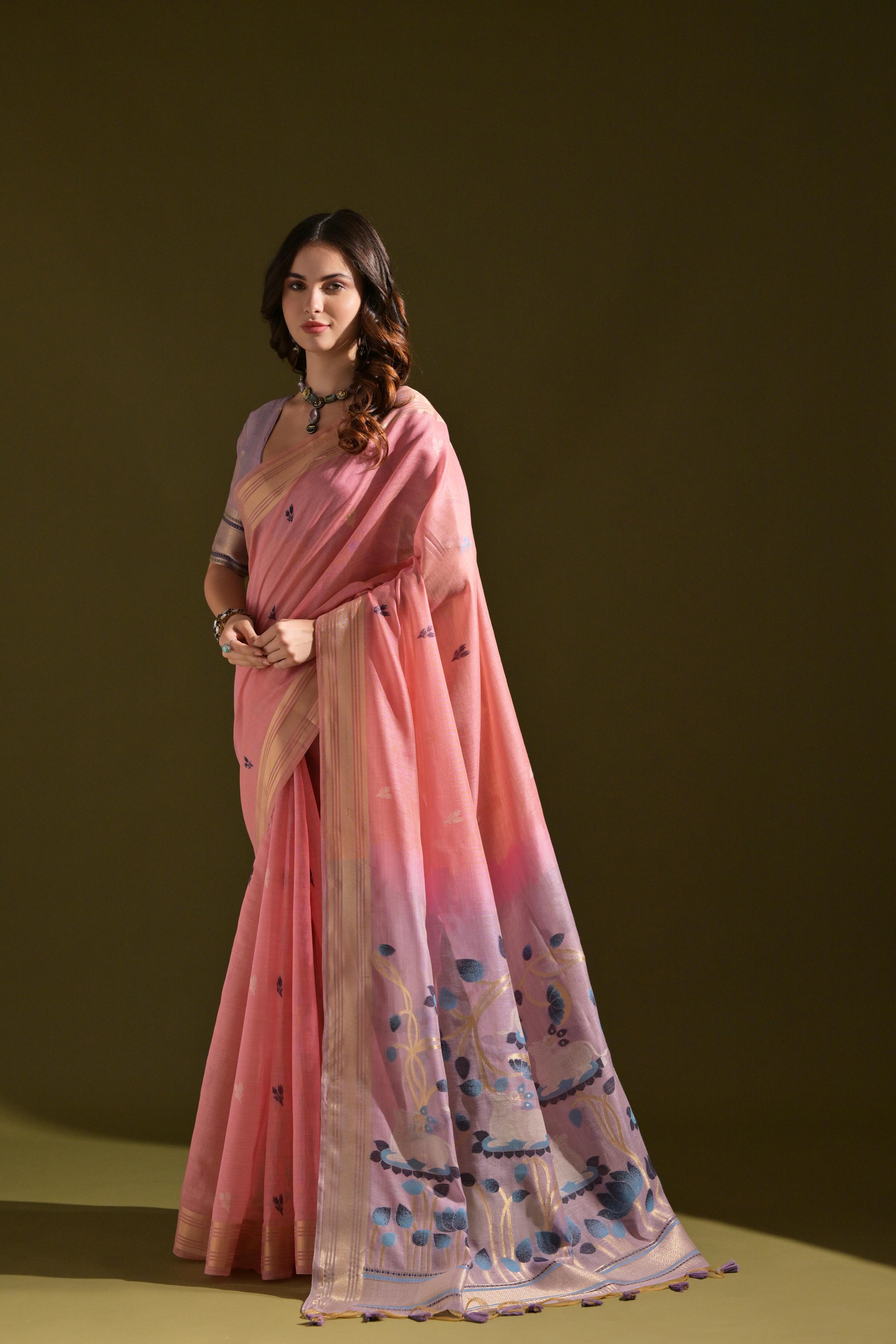 Jyoti Fashion Women's Baby Pink Soft Muga Cotton Resham Zari Weaving Traditional Saree with Blouse