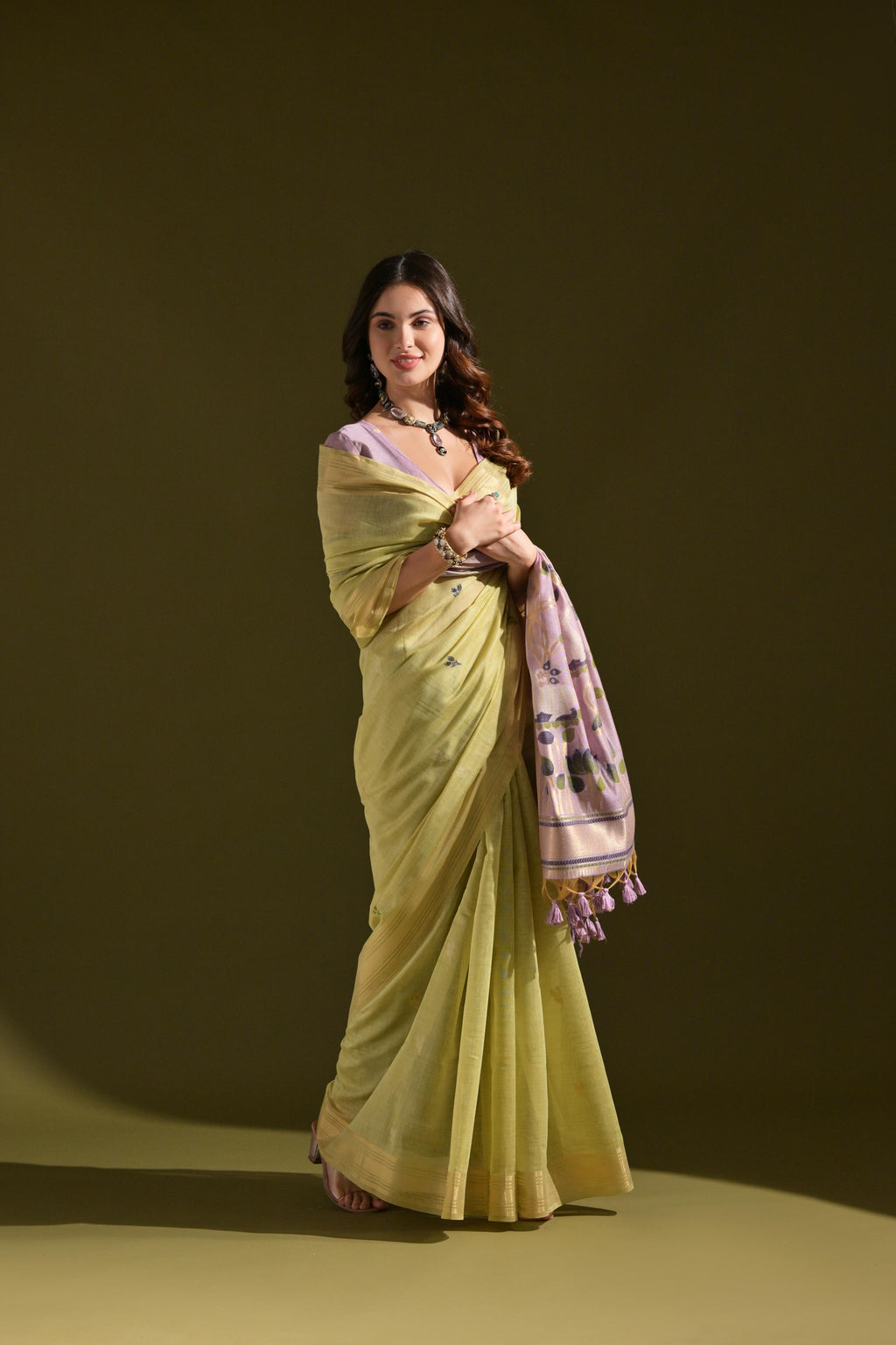 Jyoti Fashion Women's Green Soft Muga Cotton Resham Zari Weaving Traditional Saree with Blouse