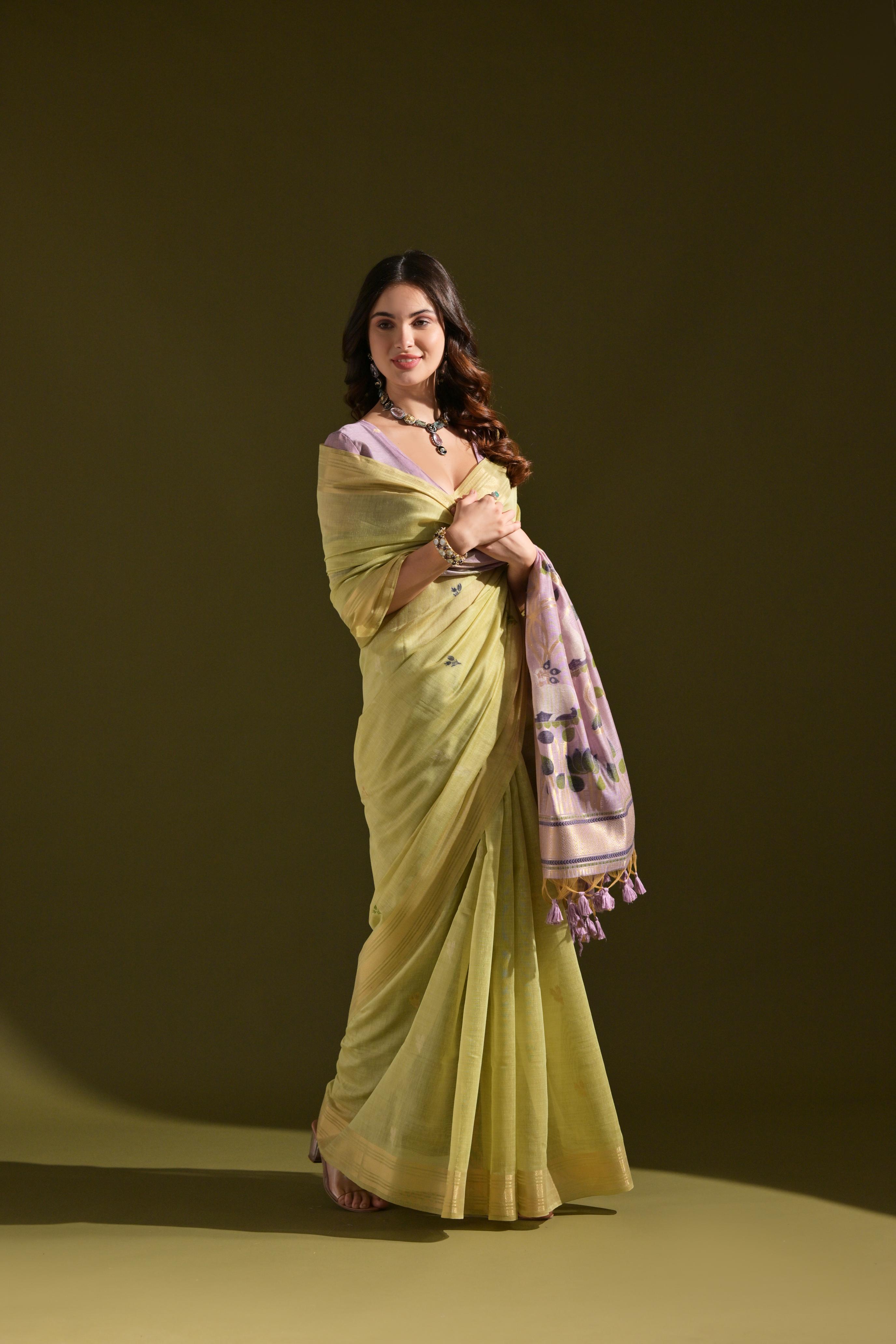 Jyoti Fashion Women's Green Soft Muga Cotton Resham Zari Weaving Traditional Saree with Blouse