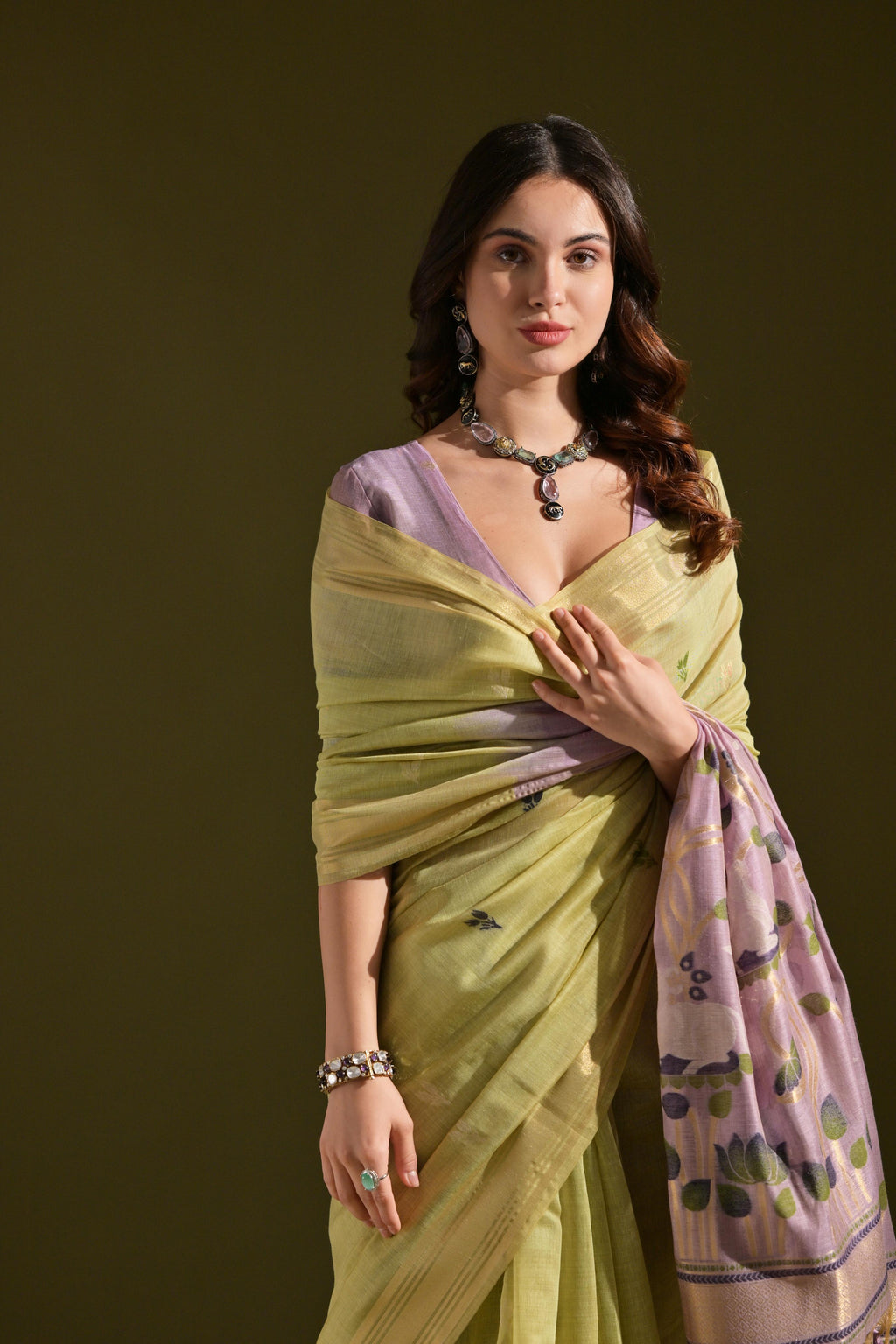 Jyoti Fashion Women's Green Soft Muga Cotton Resham Zari Weaving Traditional Saree with Blouse