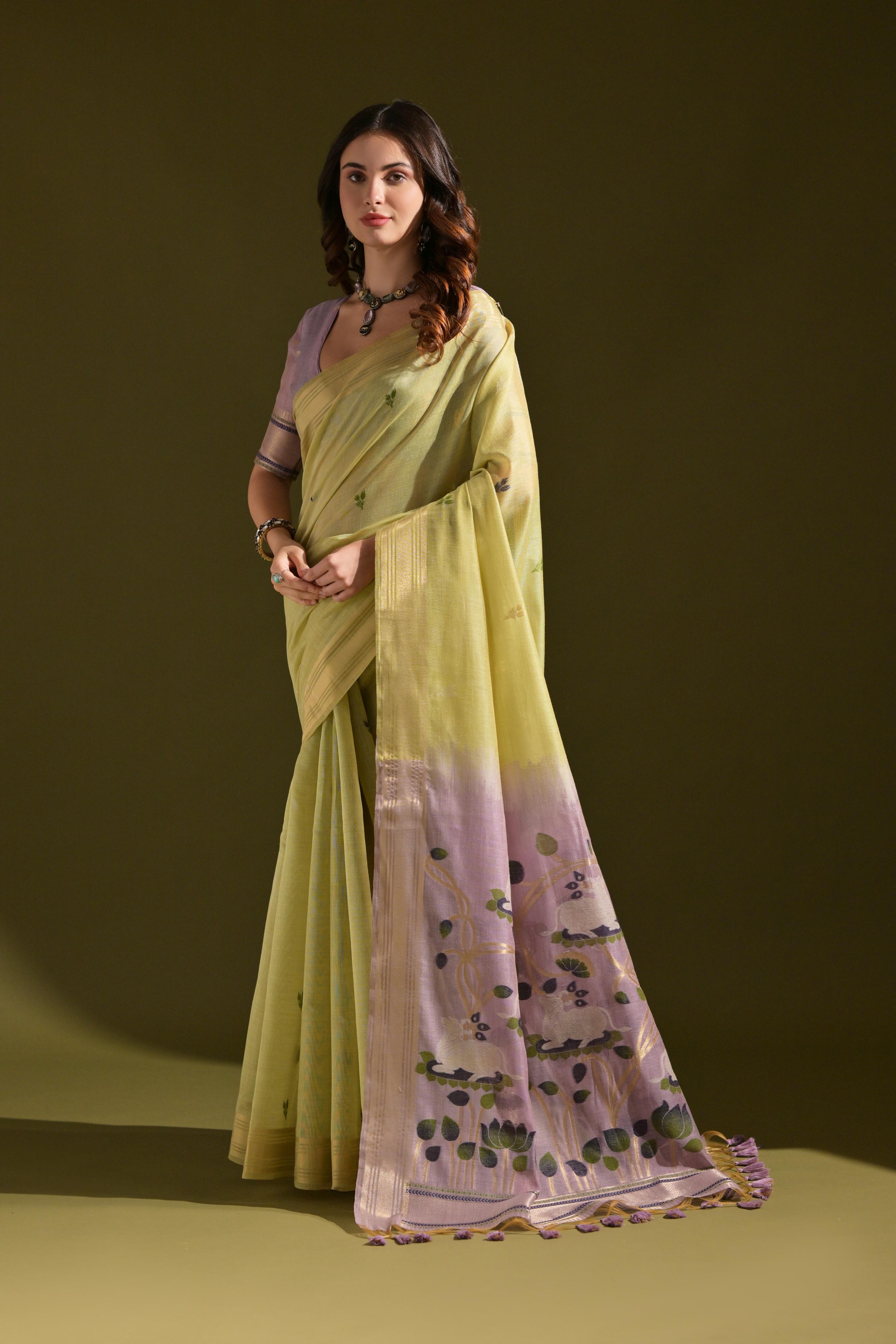 Jyoti Fashion Women's Green Soft Muga Cotton Resham Zari Weaving Traditional Saree with Blouse