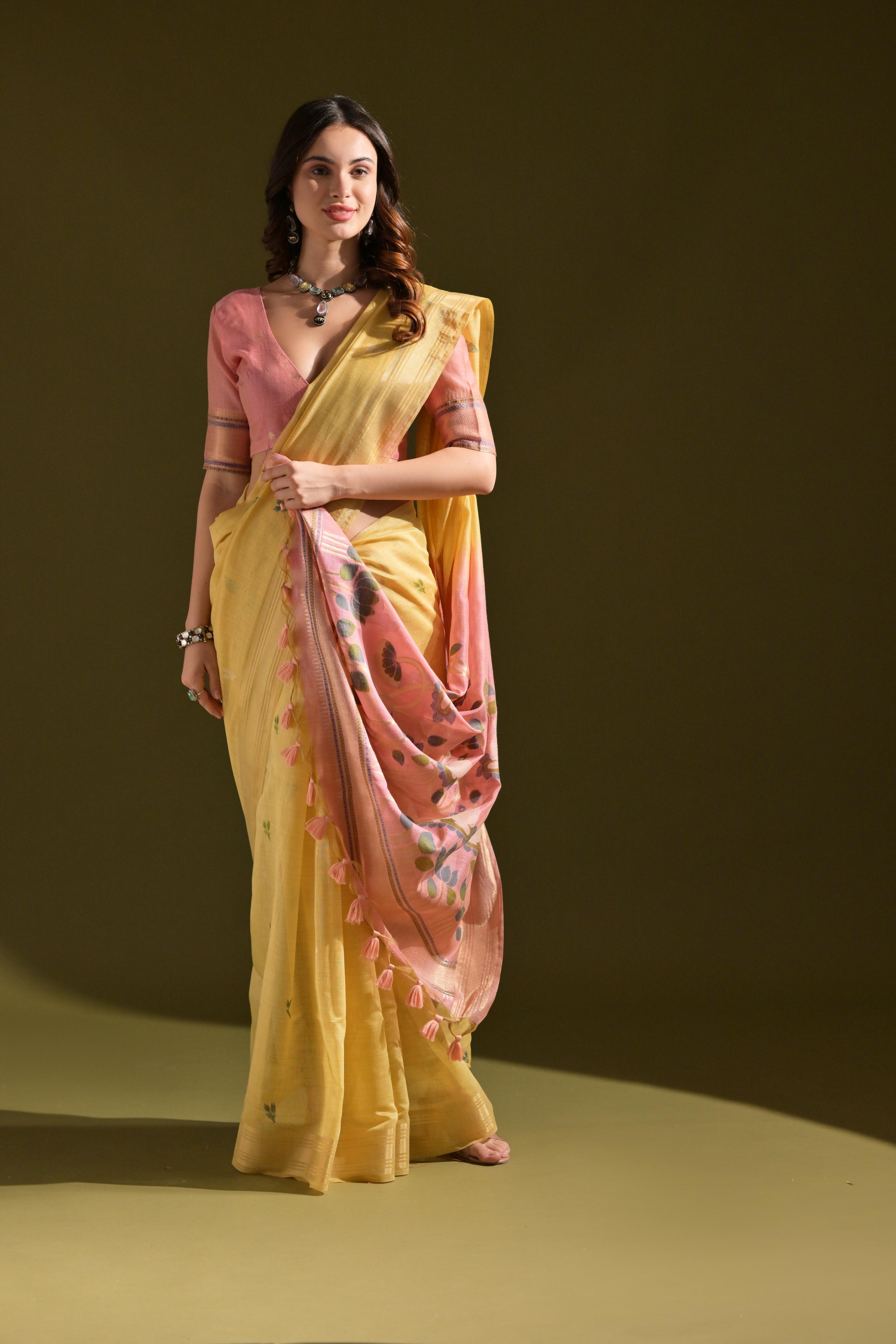 Jyoti Fashion Women's Yellow Soft Muga Cotton Resham Zari Weaving Traditional Saree with Blouse