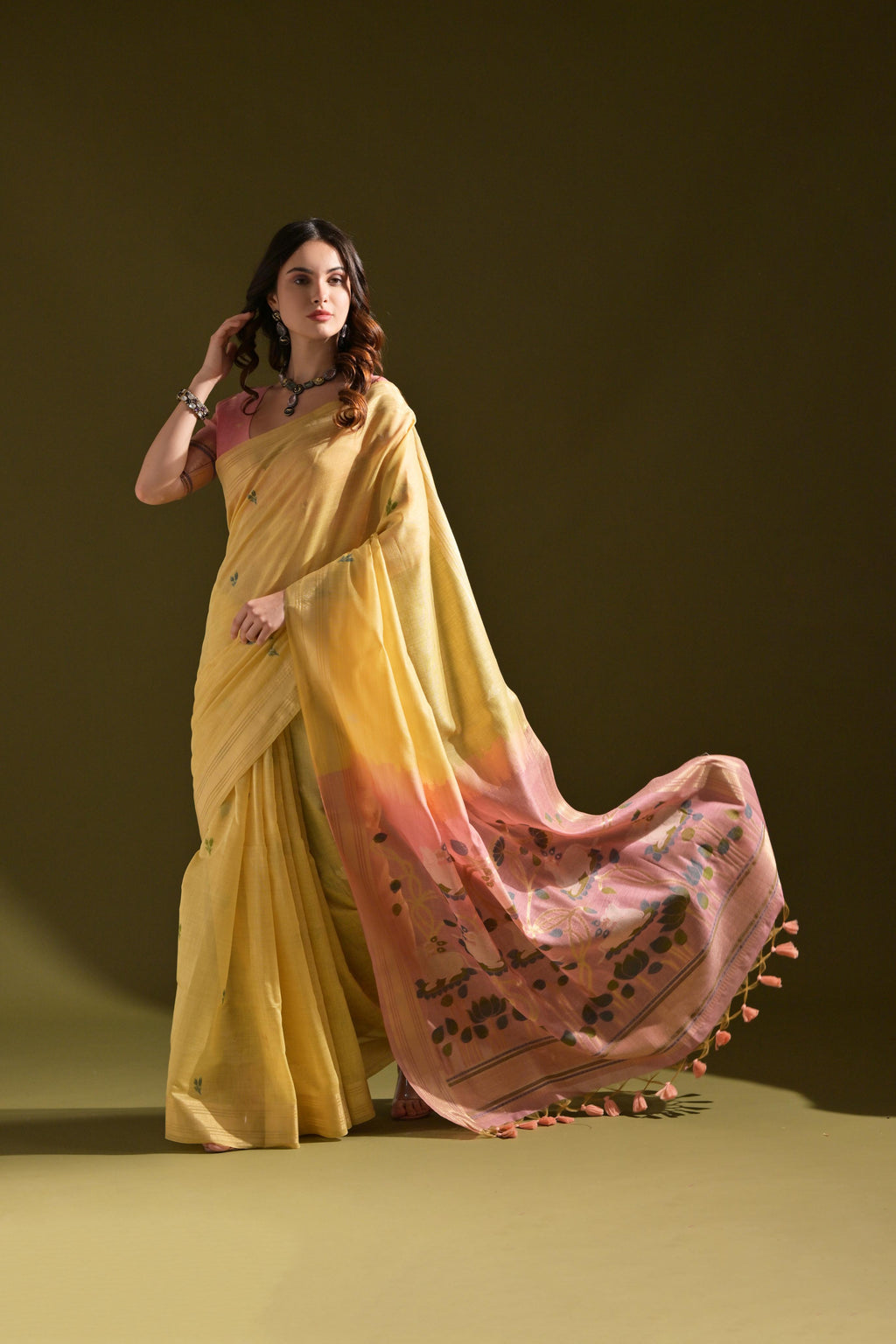 Jyoti Fashion Women's Yellow Soft Muga Cotton Resham Zari Weaving Traditional Saree with Blouse
