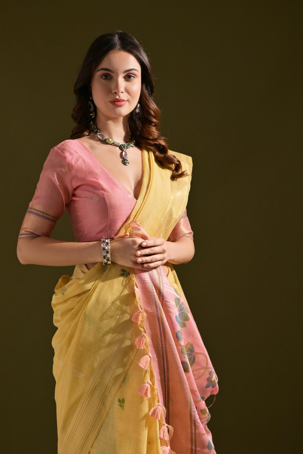 Jyoti Fashion Women's Yellow Soft Muga Cotton Resham Zari Weaving Traditional Saree with Blouse
