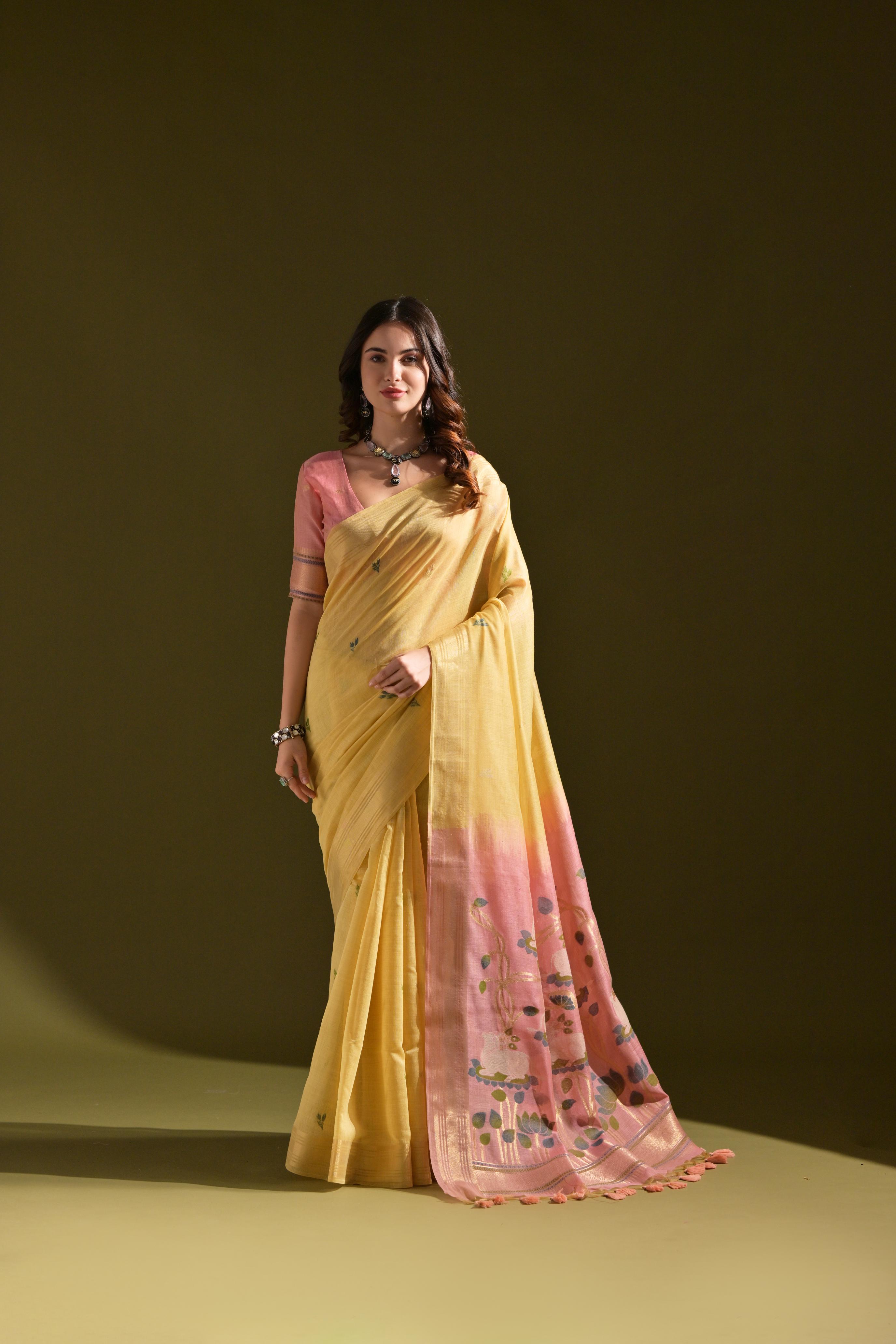 Jyoti Fashion Women's Yellow Soft Muga Cotton Resham Zari Weaving Traditional Saree with Blouse