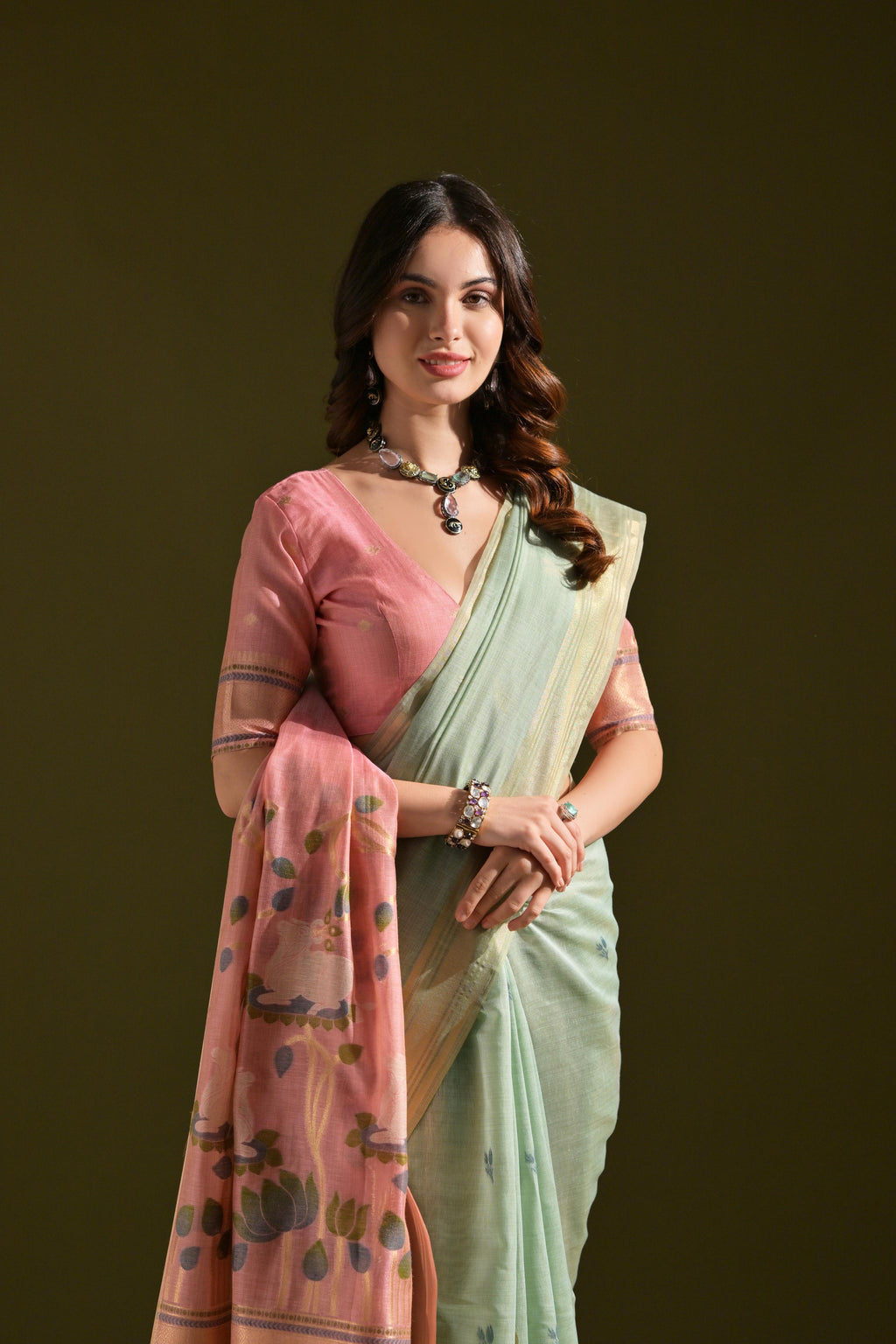 Jyoti Fashion Women's Sky Blue Soft Muga Cotton Resham Zari Weaving Traditional Saree with Blouse