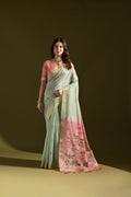 Jyoti Fashion Women's Sky Blue Soft Muga Cotton Resham Zari Weaving Traditional Saree with Blouse