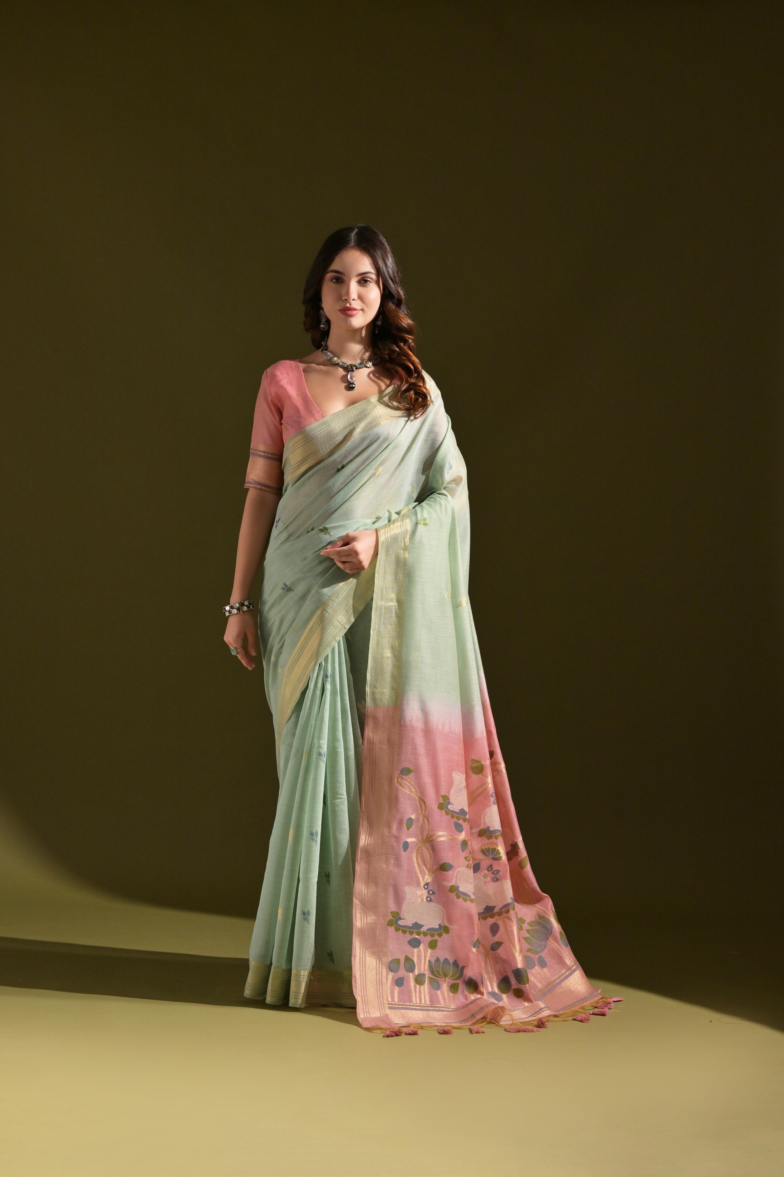 Jyoti Fashion Women's Sky Blue Soft Muga Cotton Resham Zari Weaving Traditional Saree with Blouse