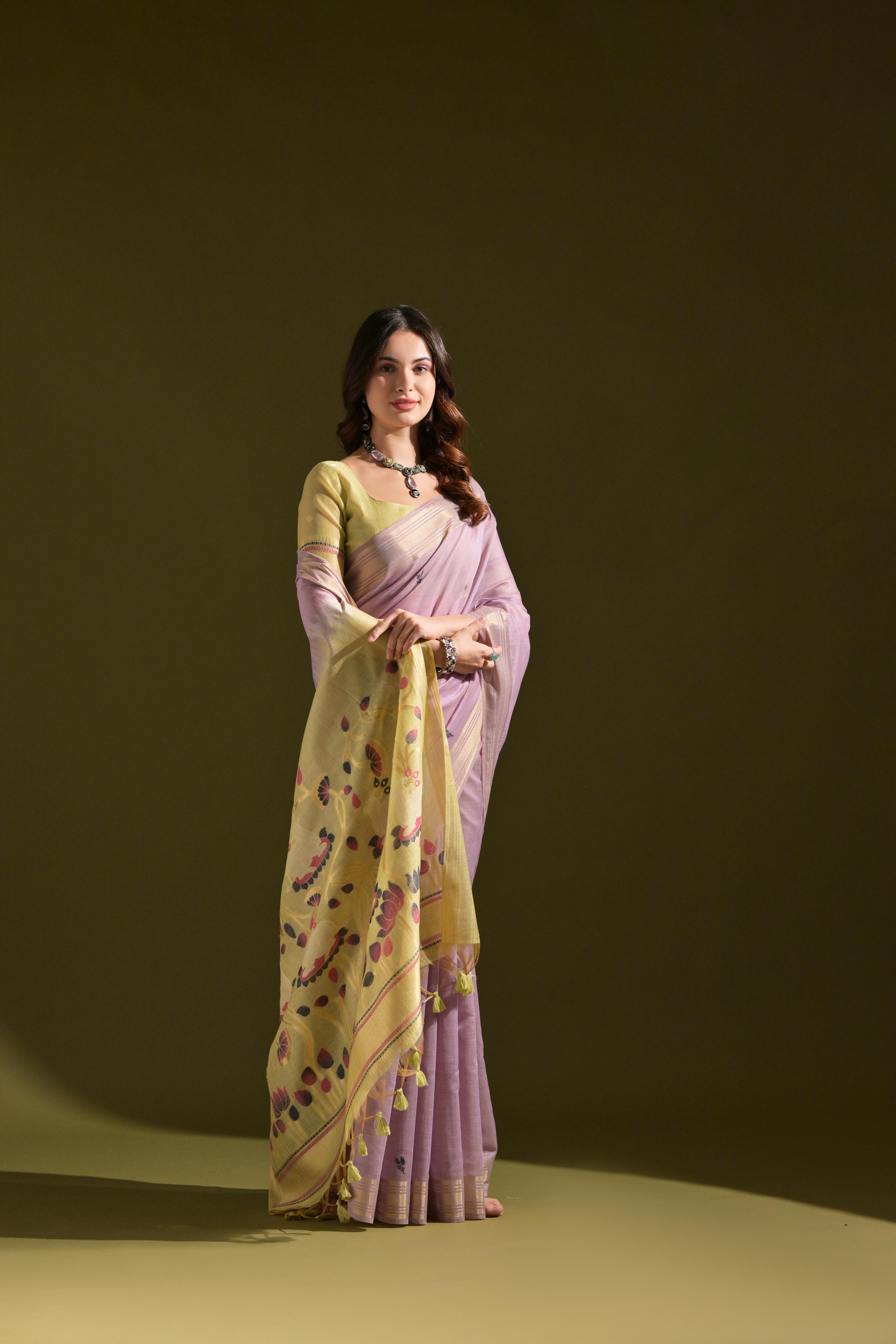 Jyoti Fashion Women's Purple Soft Muga Cotton Resham Zari Weaving Traditional Saree with Blouse