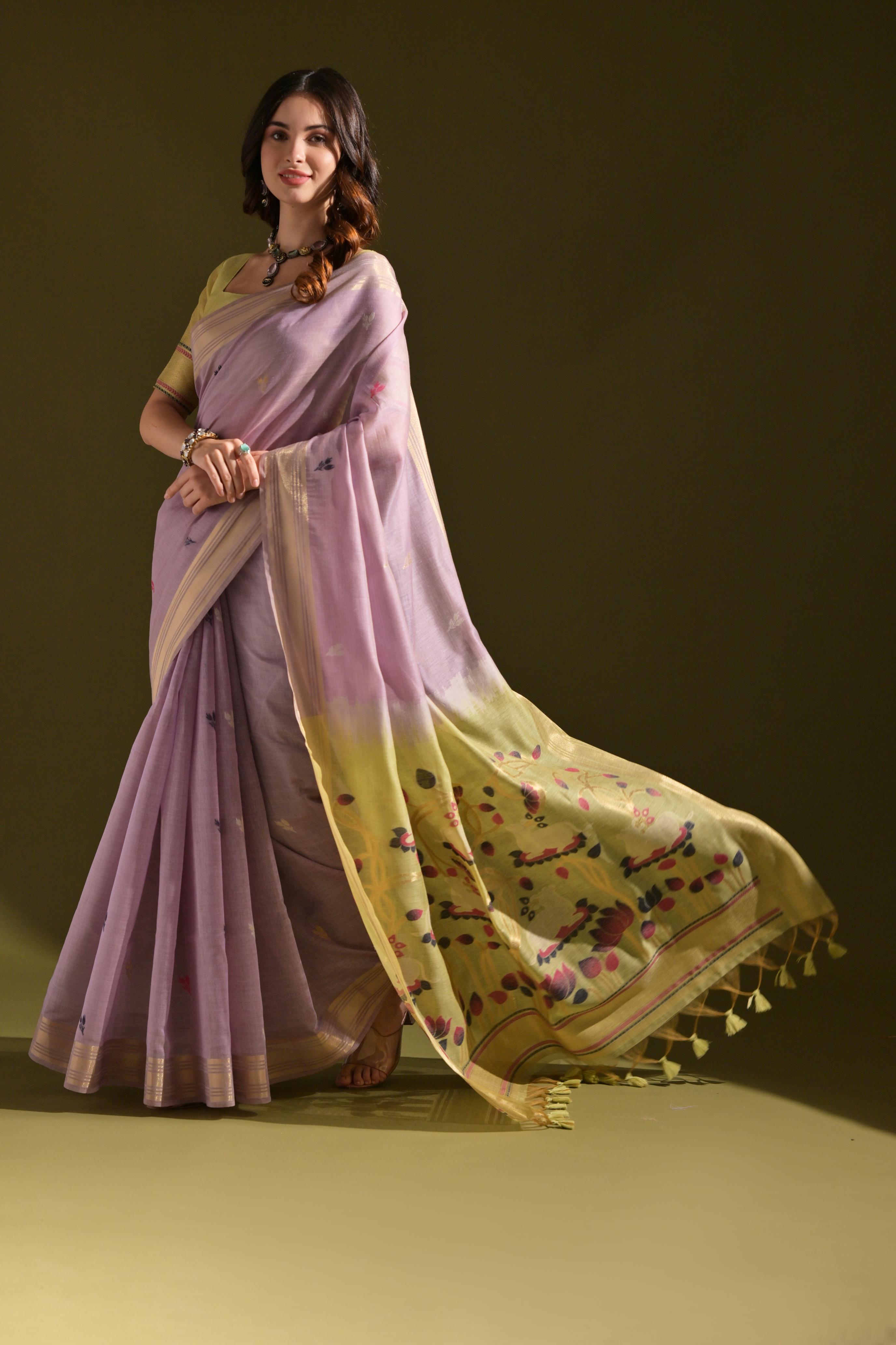 Jyoti Fashion Women's Purple Soft Muga Cotton Resham Zari Weaving Traditional Saree with Blouse