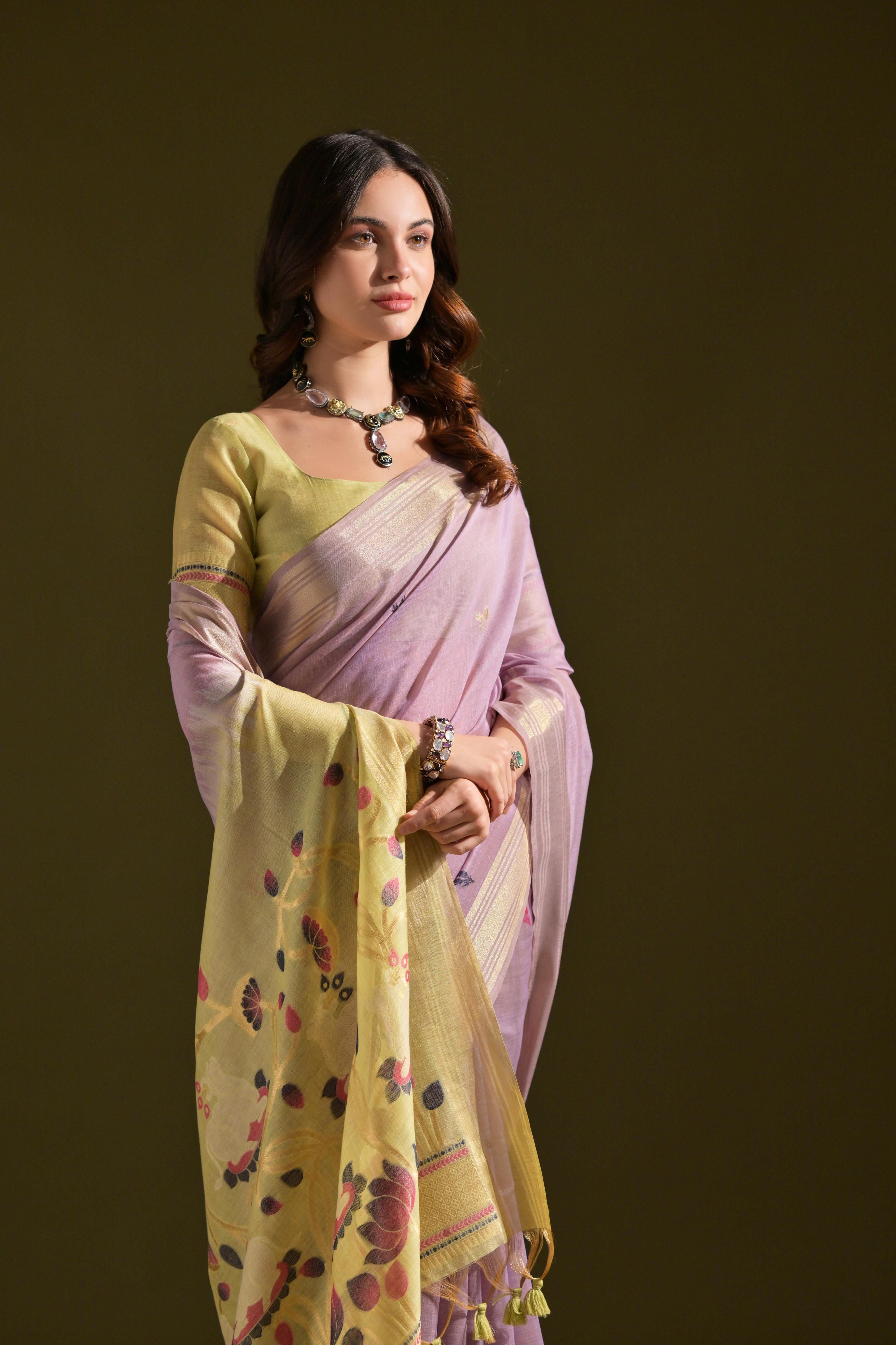 Jyoti Fashion Women's Purple Soft Muga Cotton Resham Zari Weaving Traditional Saree with Blouse