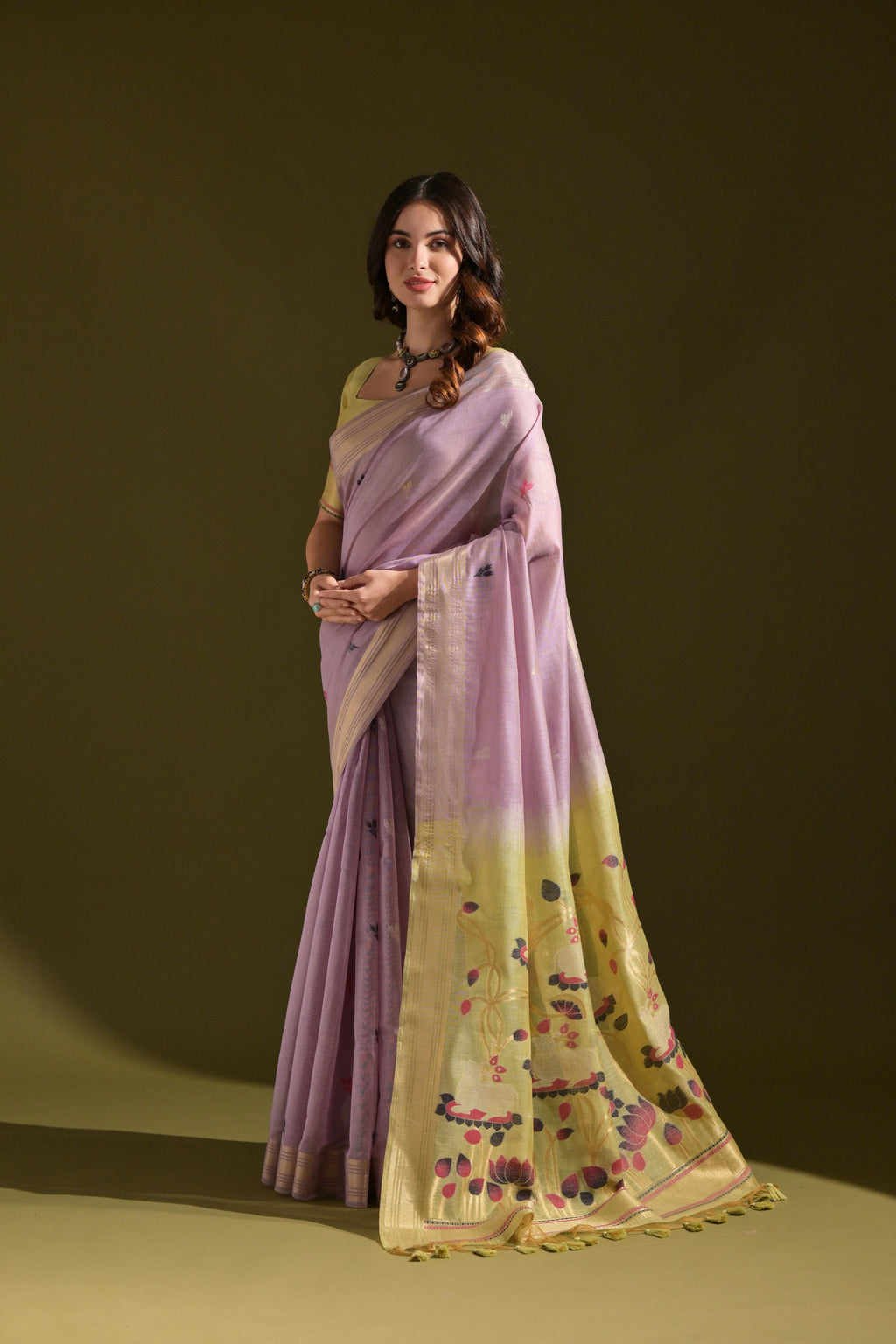 Jyoti Fashion Women's Purple Soft Muga Cotton Resham Zari Weaving Traditional Saree with Blouse