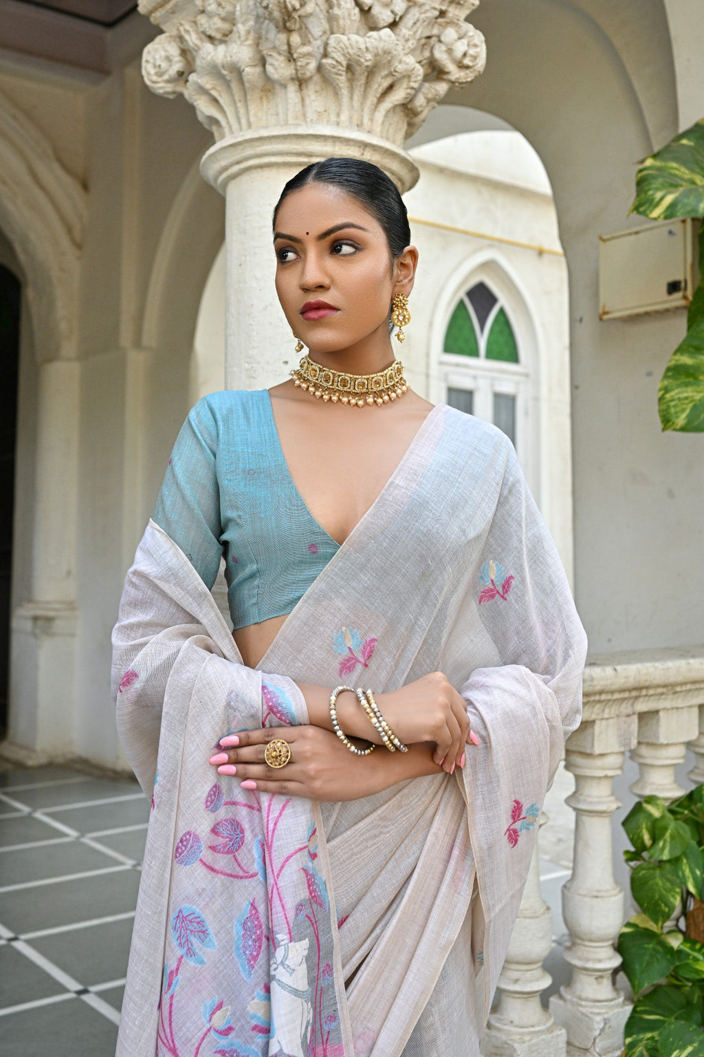 Jyoti Fashion Women's Pink Soft Muga Cotton Floral Weaving Traditional Saree with Blouse