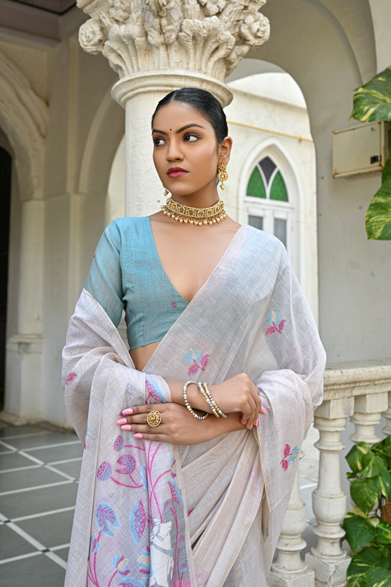 Jyoti Fashion Women's Pink Soft Muga Cotton Floral Weaving Traditional Saree with Blouse