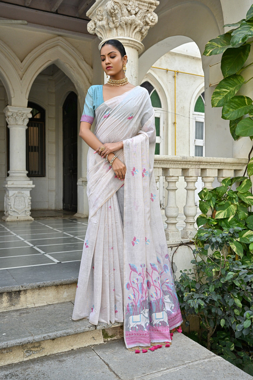 Jyoti Fashion Women's Pink Soft Muga Cotton Floral Weaving Traditional Saree with Blouse