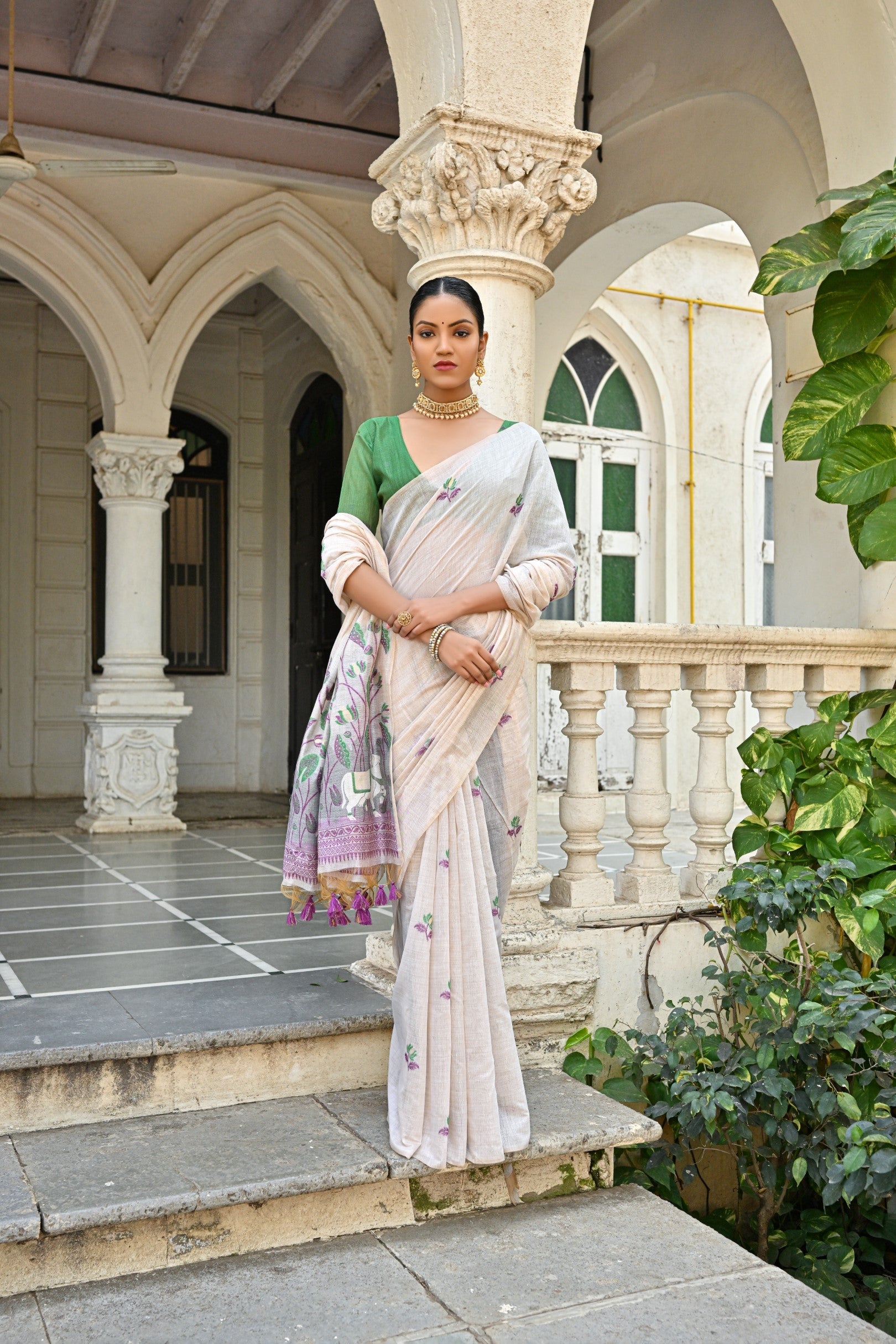 Jyoti Fashion Women's Wine Soft Muga Cotton Floral Weaving Traditional Saree with Blouse