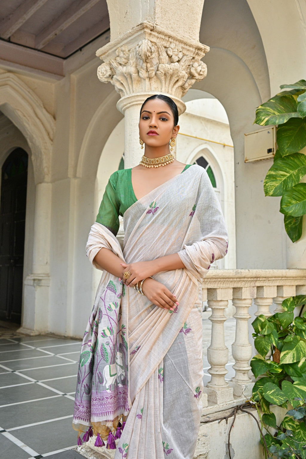 Jyoti Fashion Women's Wine Soft Muga Cotton Floral Weaving Traditional Saree with Blouse
