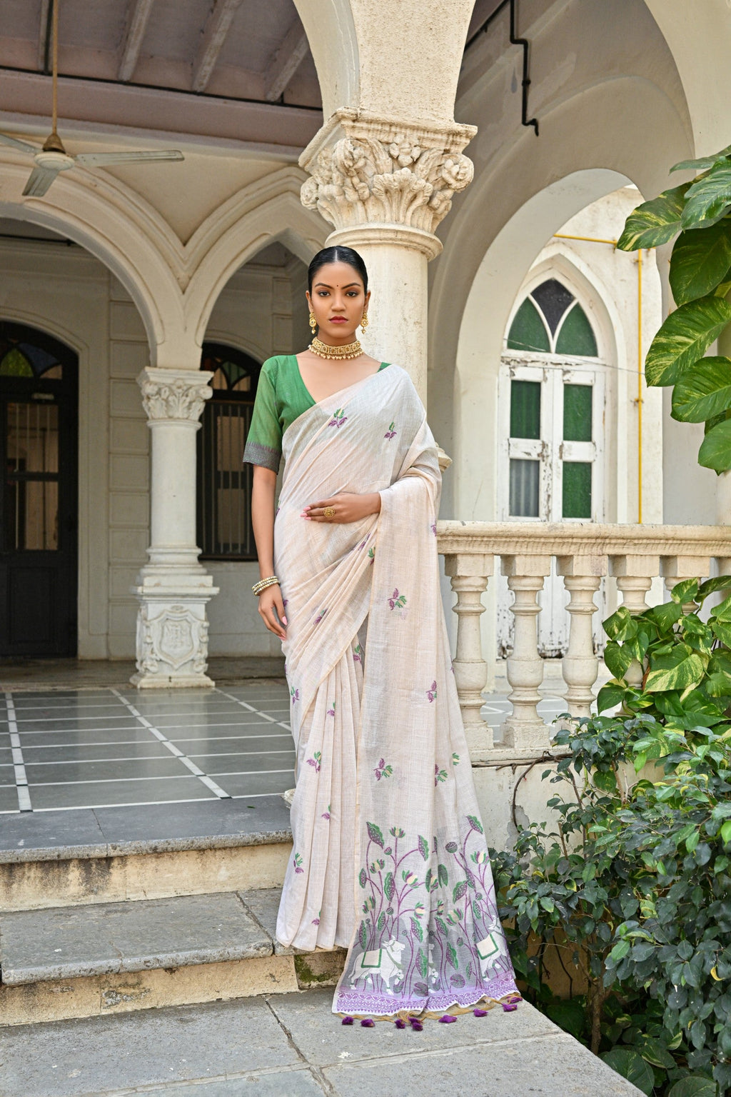 Jyoti Fashion Women's Wine Soft Muga Cotton Floral Weaving Traditional Saree with Blouse