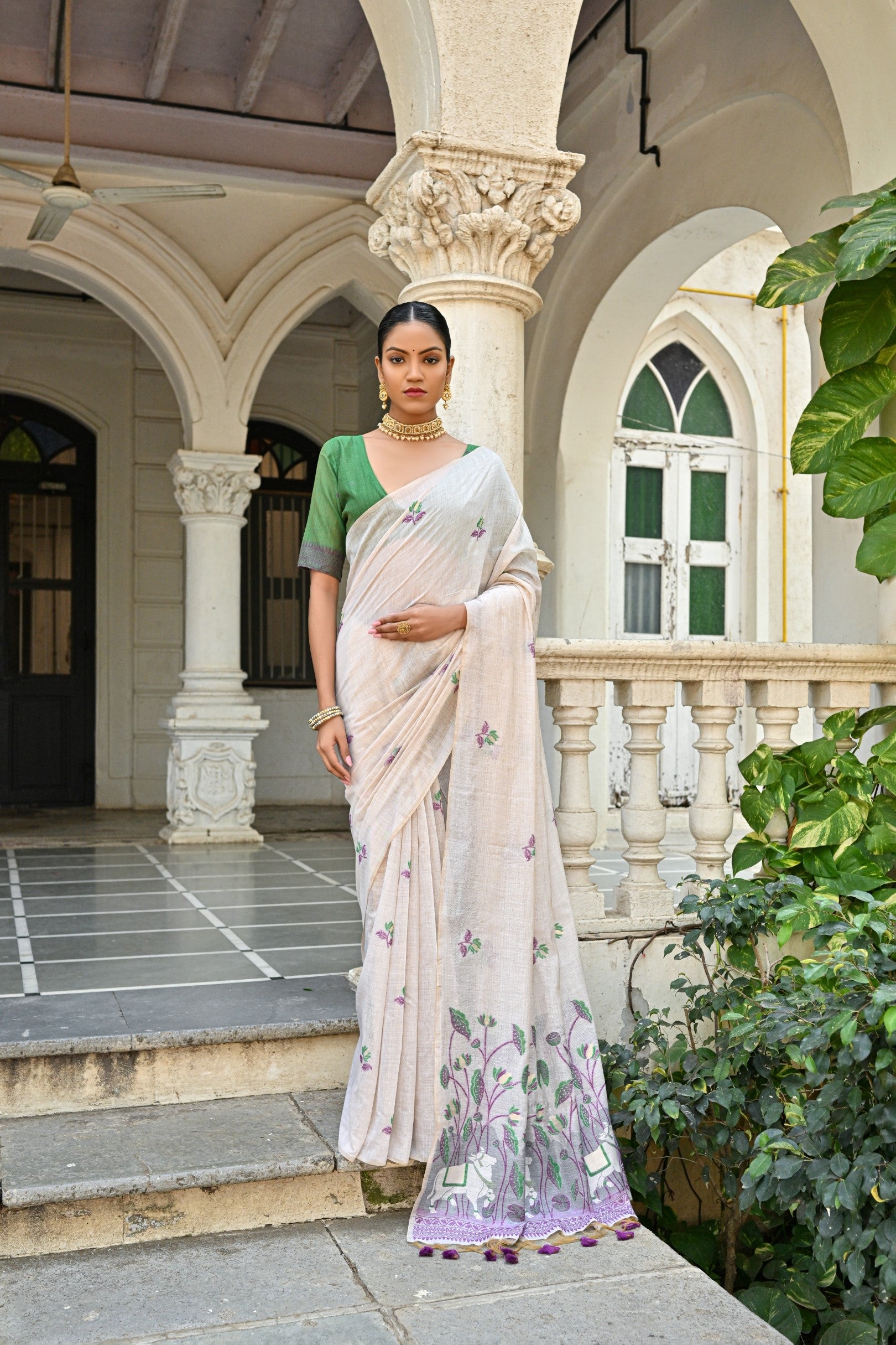 Jyoti Fashion Women's Wine Soft Muga Cotton Floral Weaving Traditional Saree with Blouse