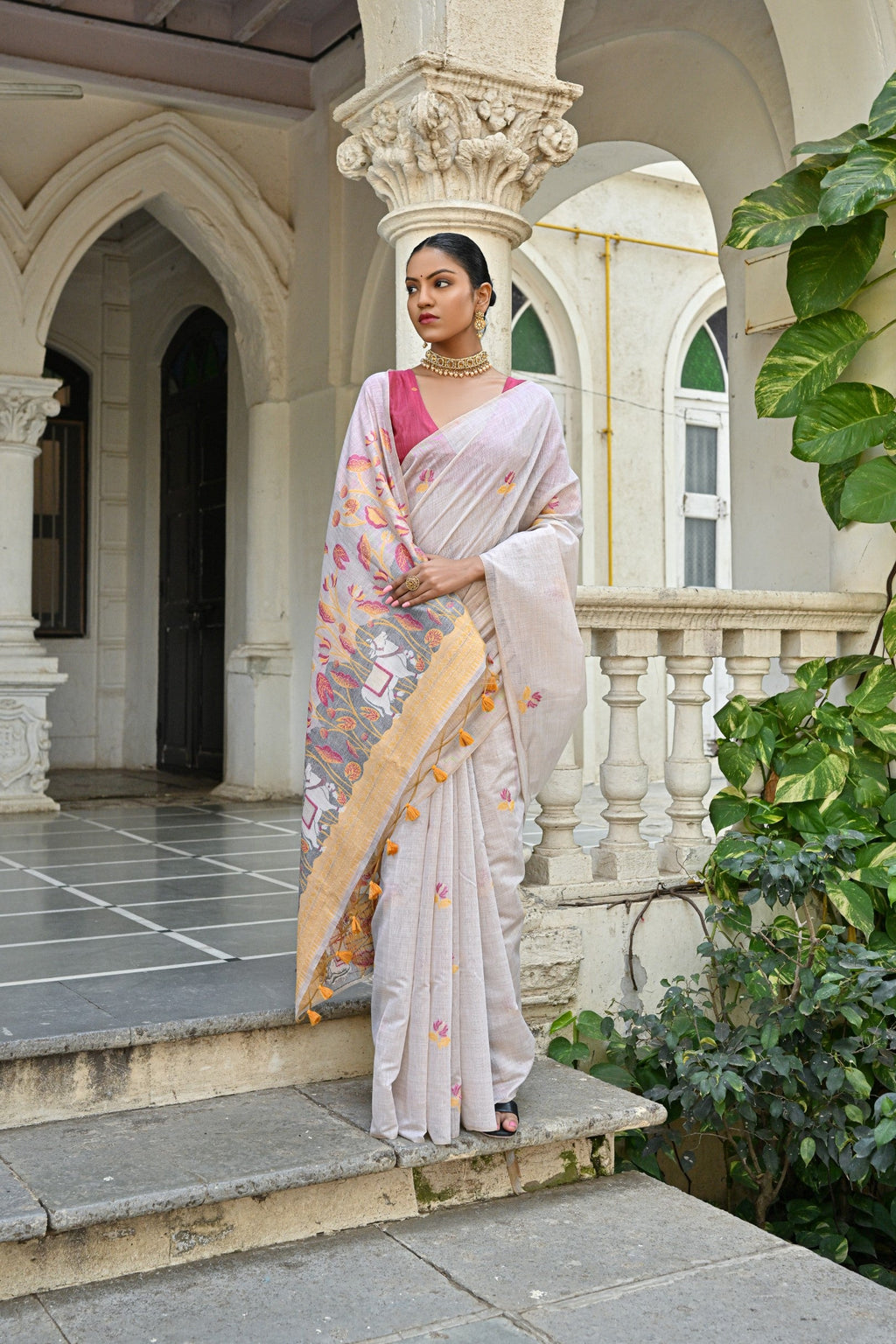 Jyoti Fashion Women's Yellow Soft Muga Cotton Floral Weaving Traditional Saree with Blouse