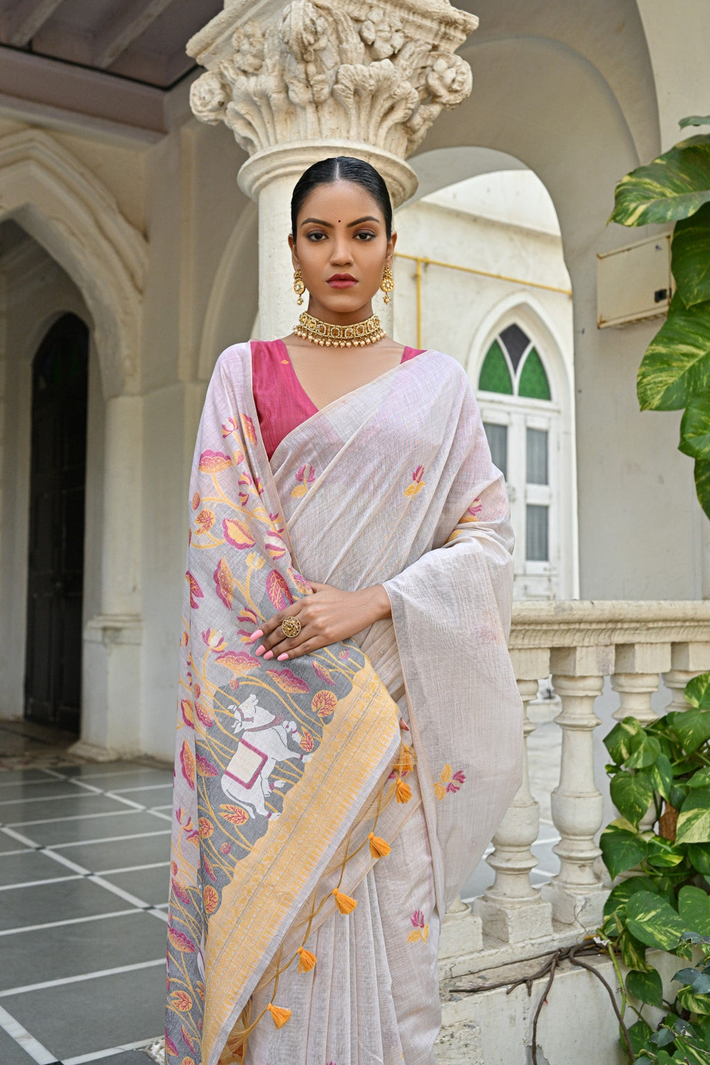 Jyoti Fashion Women's Yellow Soft Muga Cotton Floral Weaving Traditional Saree with Blouse