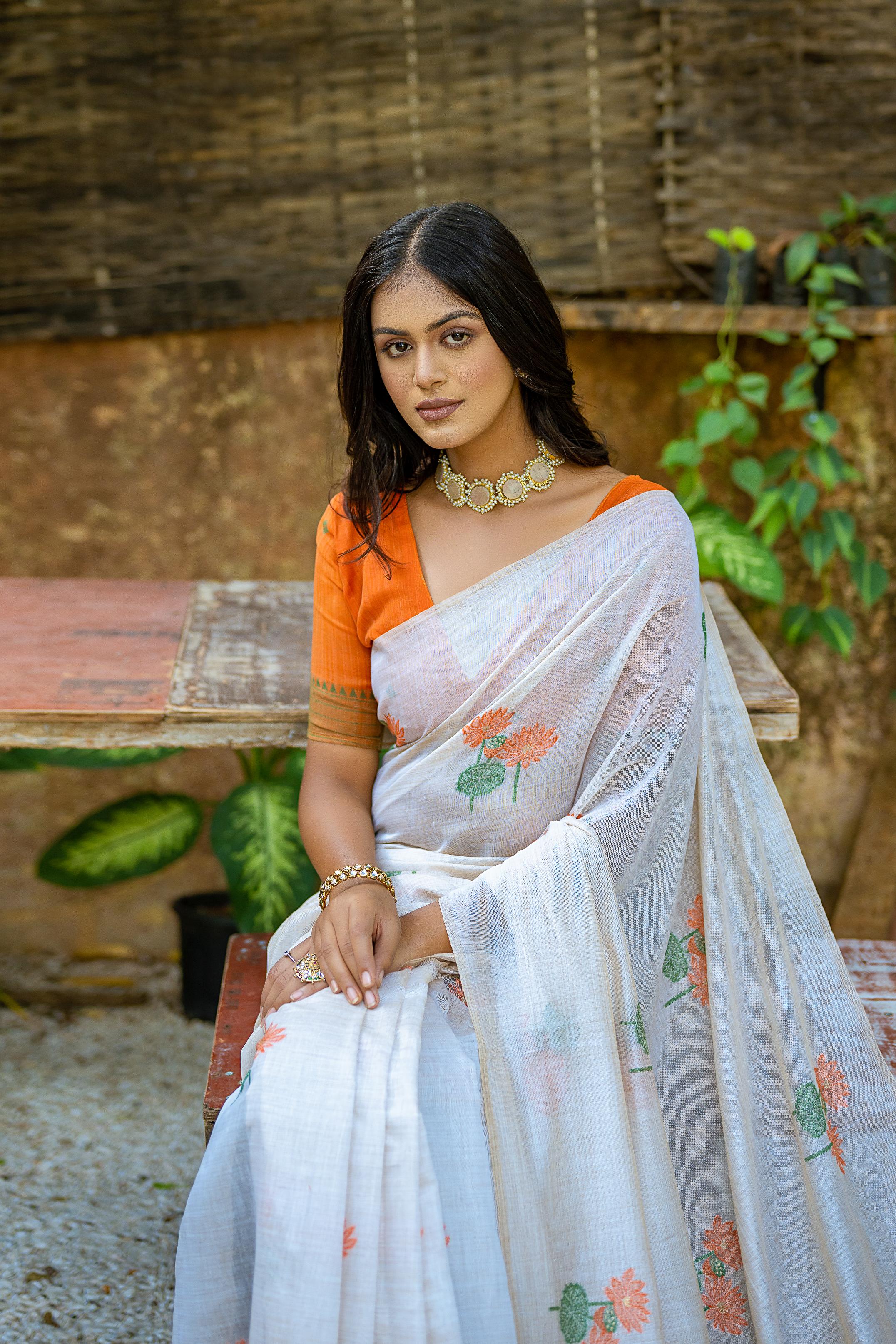 Jyoti Fashion Women's Orange Soft Muga Cotton Floral Weaving Traditional Saree with Blouse