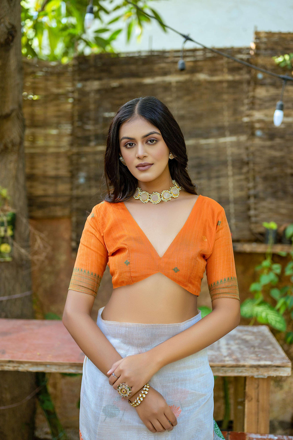 Jyoti Fashion Women's Orange Soft Muga Cotton Floral Weaving Traditional Saree with Blouse