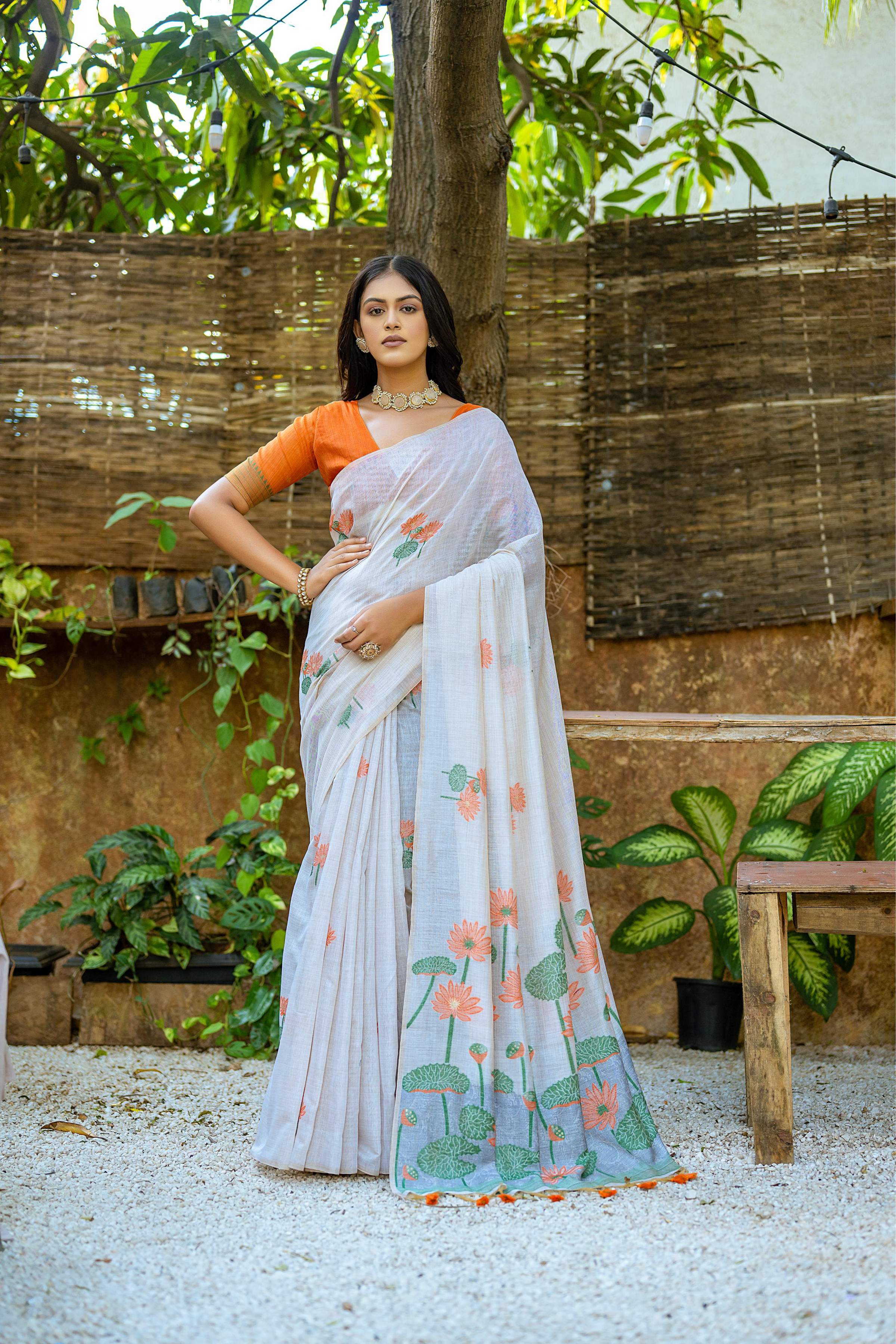 Jyoti Fashion Women's Orange Soft Muga Cotton Floral Weaving Traditional Saree with Blouse