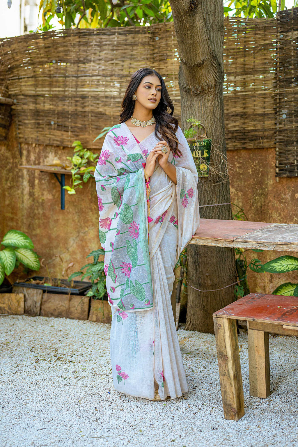 Jyoti Fashion Women's Pink Soft Muga Cotton Floral Weaving Traditional Saree with Blouse