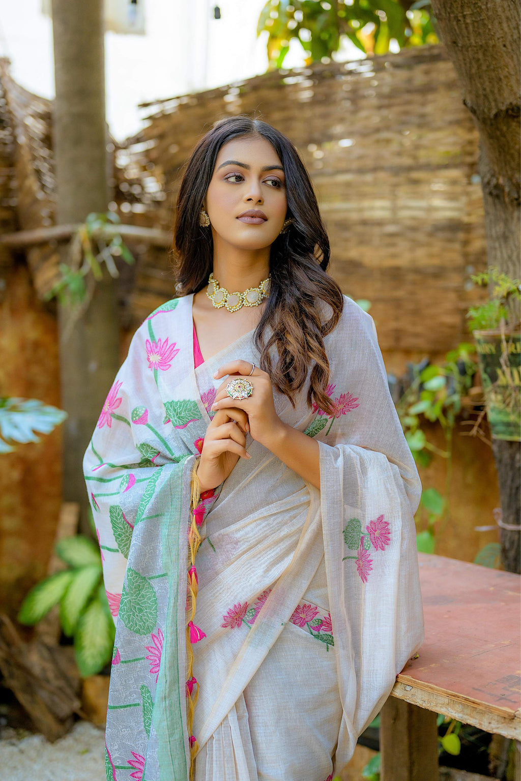 Jyoti Fashion Women's Pink Soft Muga Cotton Floral Weaving Traditional Saree with Blouse