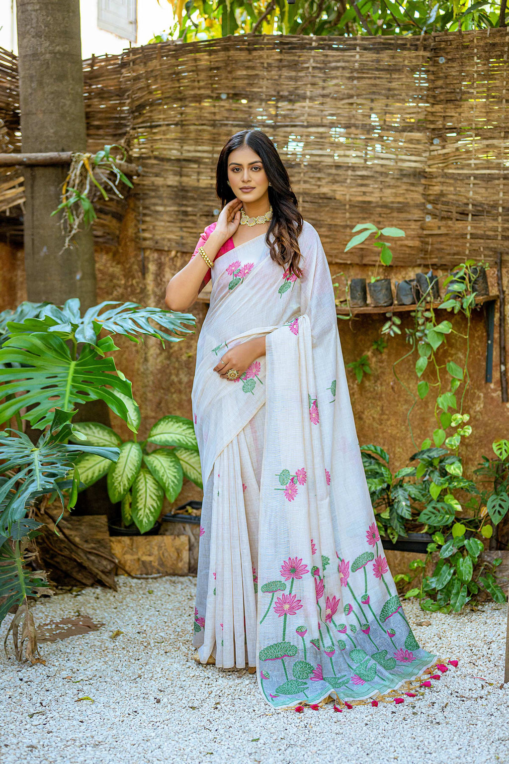 Jyoti Fashion Women's Pink Soft Muga Cotton Floral Weaving Traditional Saree with Blouse