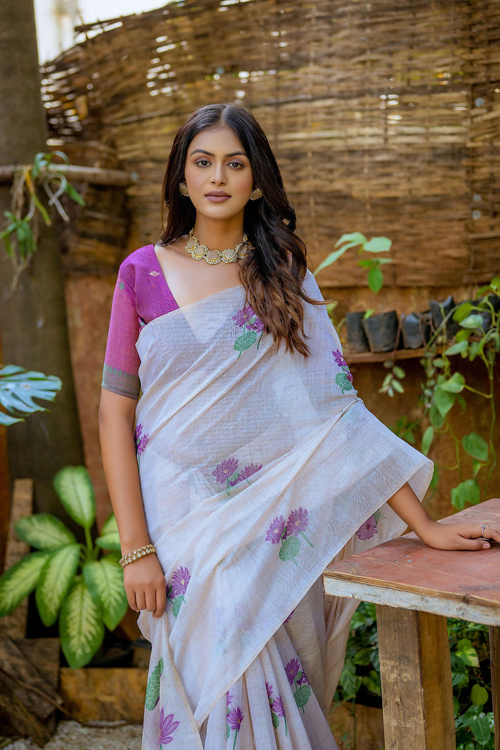 Jyoti Fashion Women's Wine Soft Muga Cotton Floral Weaving Traditional Saree with Blouse