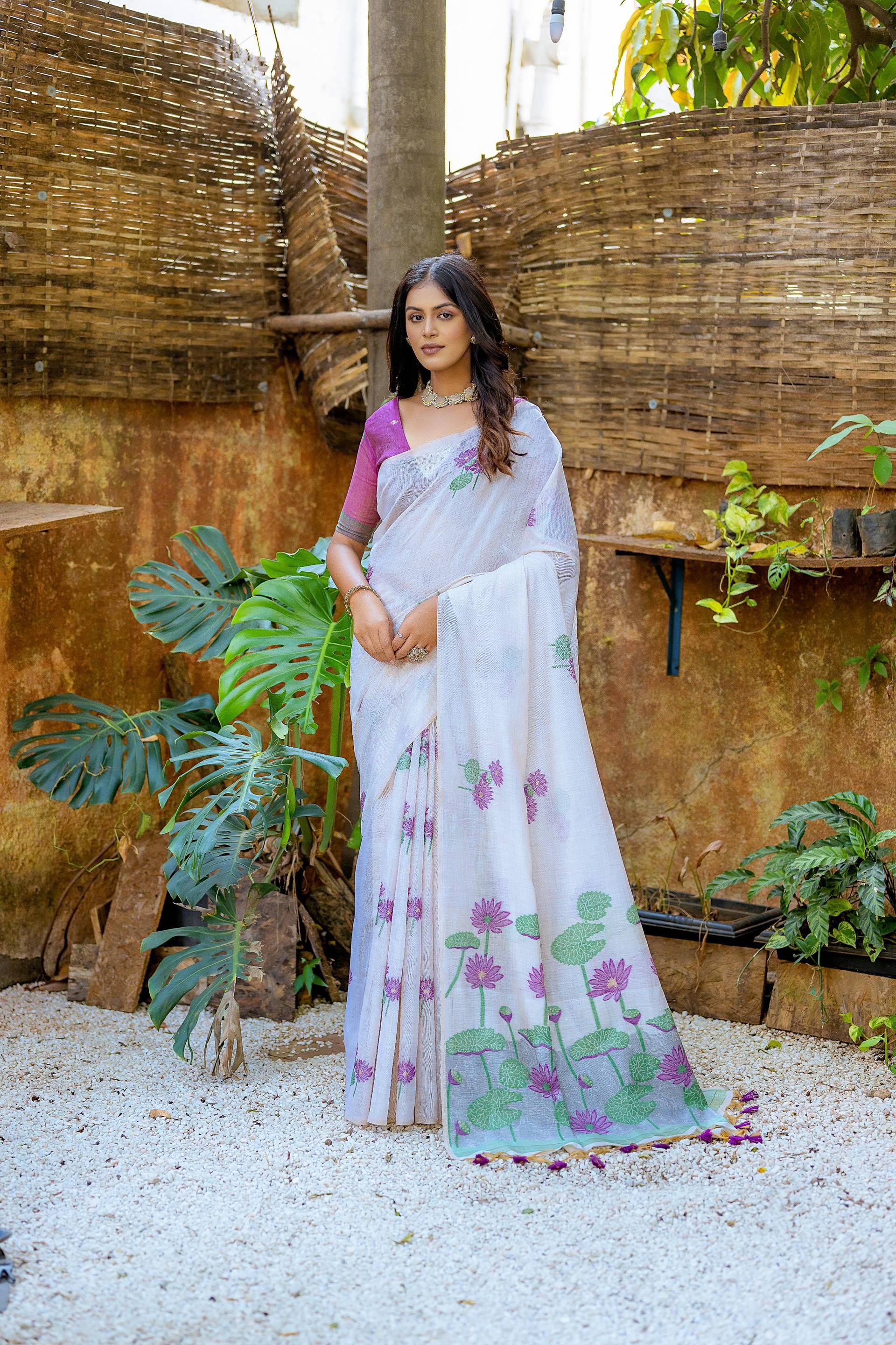 Jyoti Fashion Women's Wine Soft Muga Cotton Floral Weaving Traditional Saree with Blouse