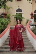 Jyoti Fashion Women's Maroon Faux Georgette Sequins Thread Embroidered Sharara Set with Dupatta