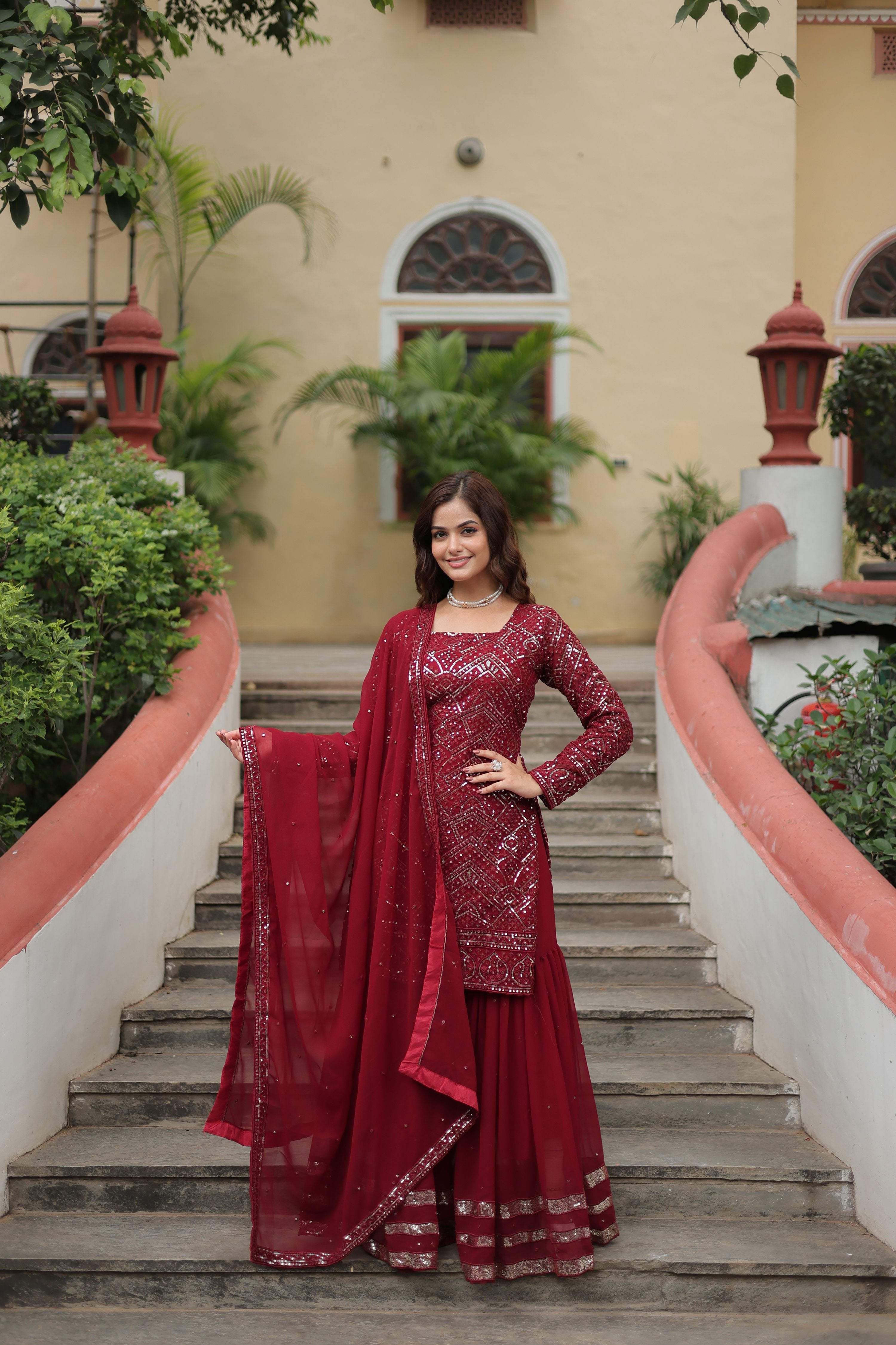 Jyoti Fashion Women's Maroon Faux Georgette Sequins Thread Embroidered Sharara Set with Dupatta