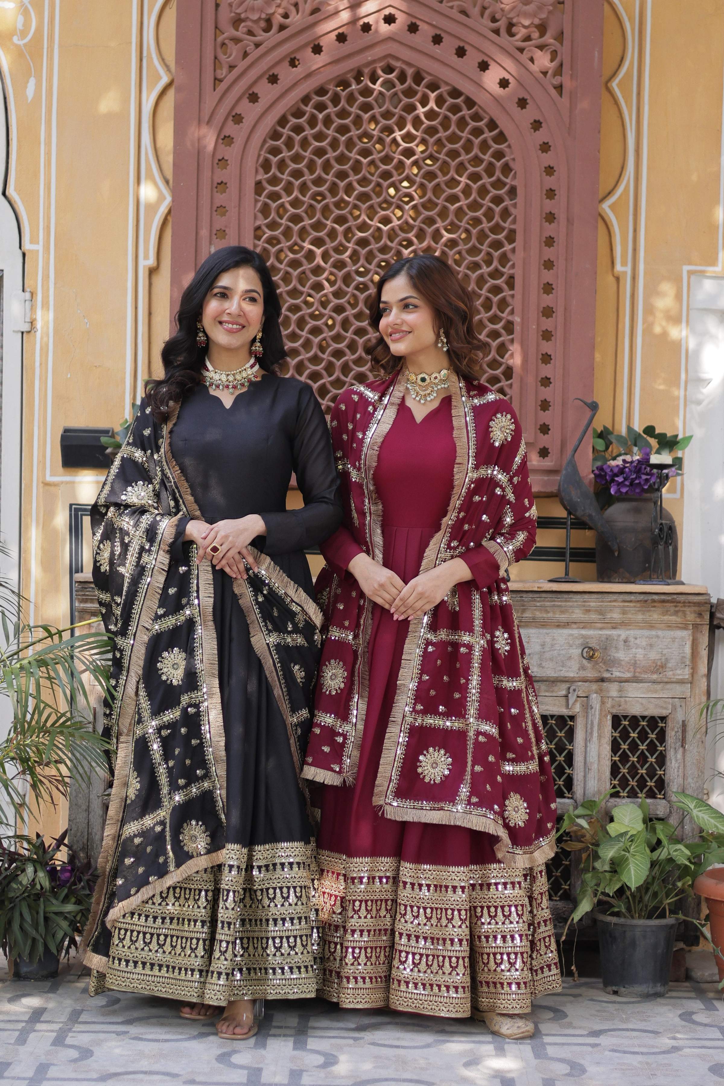 Jyoti Fashion Women's Black & Maroon Star Georgette Sequins Zari Embroidered Combo Anarkali Sets