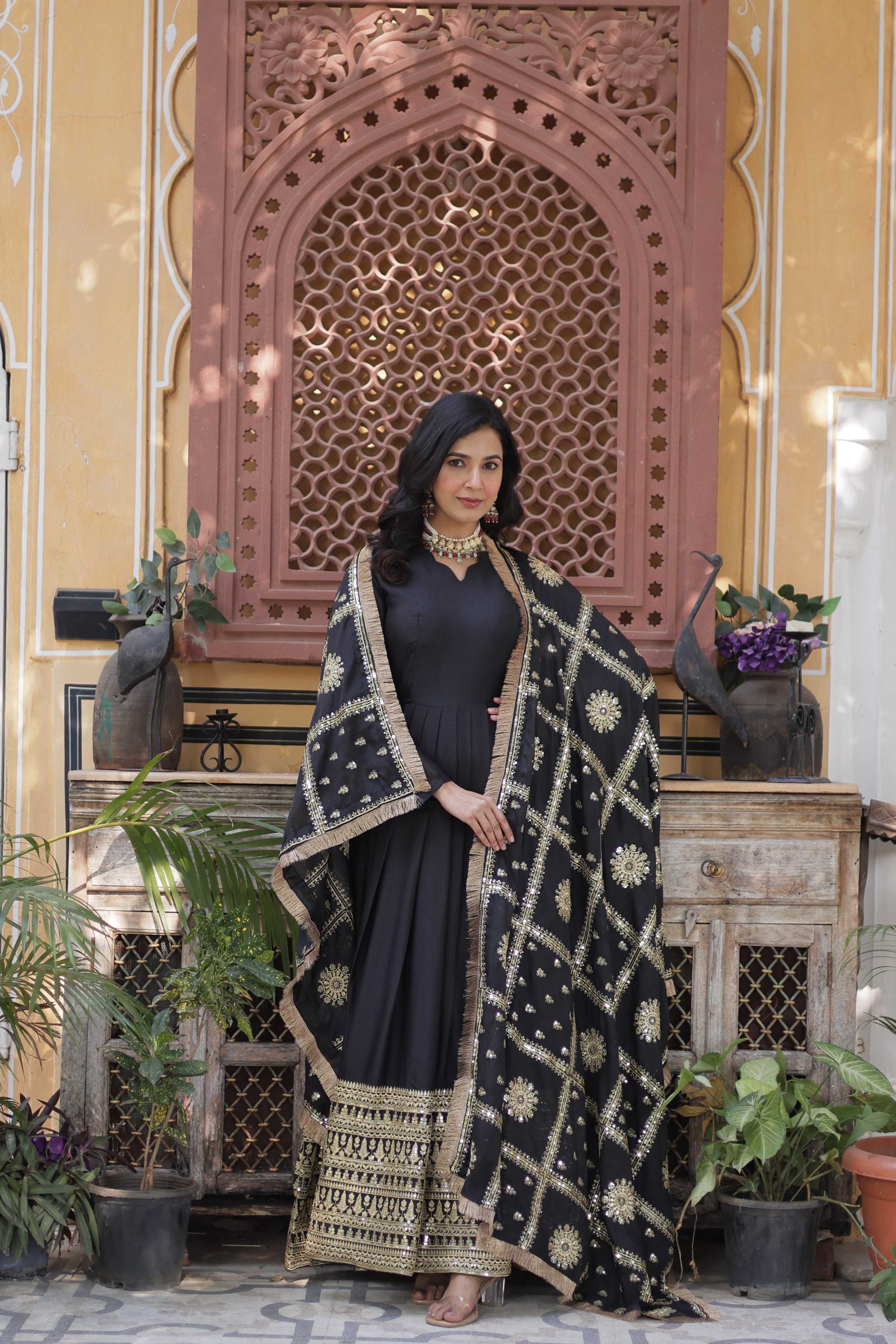Jyoti Fashion Women's Black Star Georgette Sequins Zari Embroidered Long Anarkali Sets