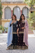 Jyoti Fashion Women's Rama & Wine Faux Blooming Sequins Embroidered Combo Sharara Set with Dupatta