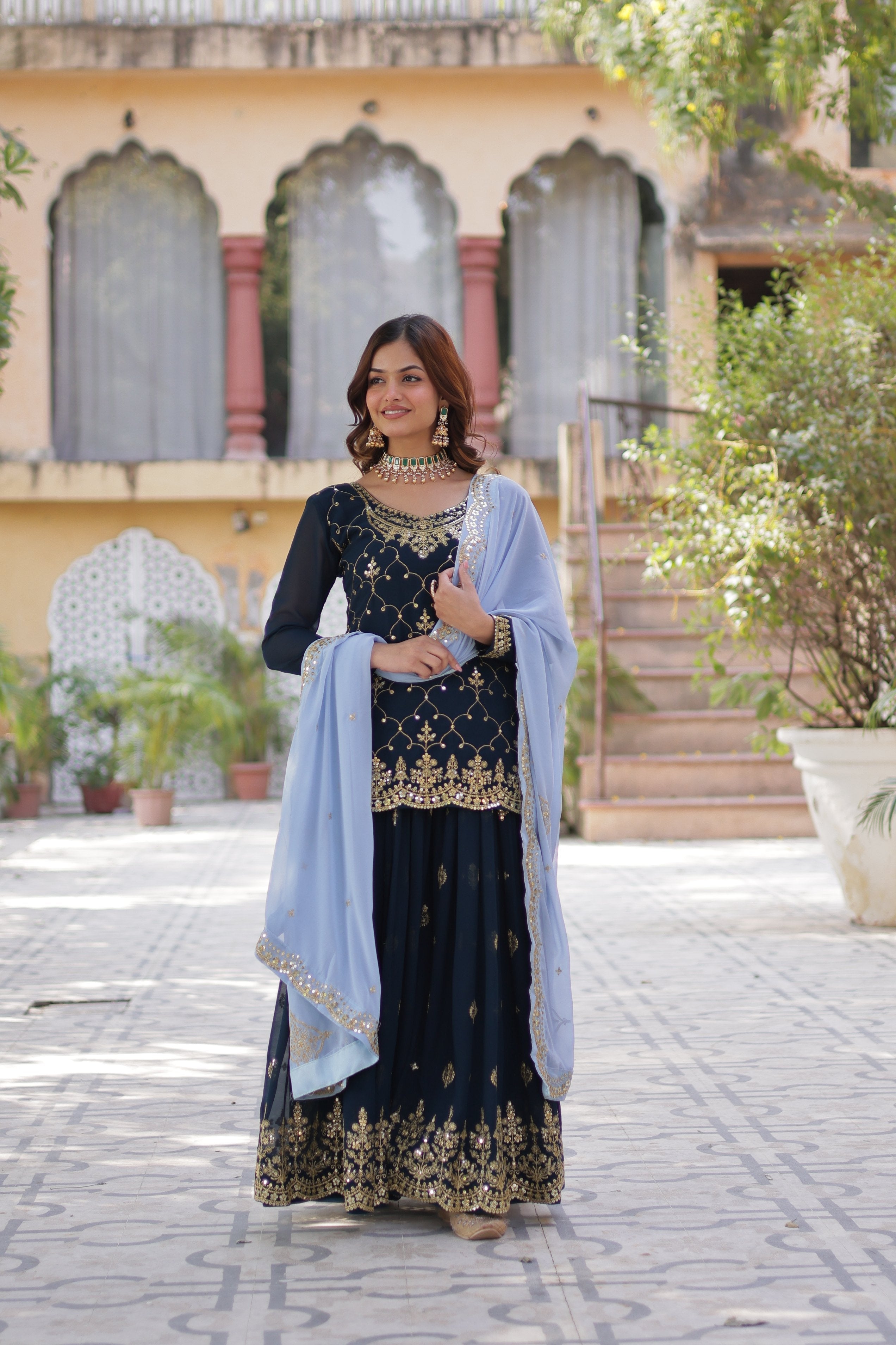 Jyoti Fashion Women's Rama Faux Blooming Sequins Embroidered Sharara Set with Dupatta