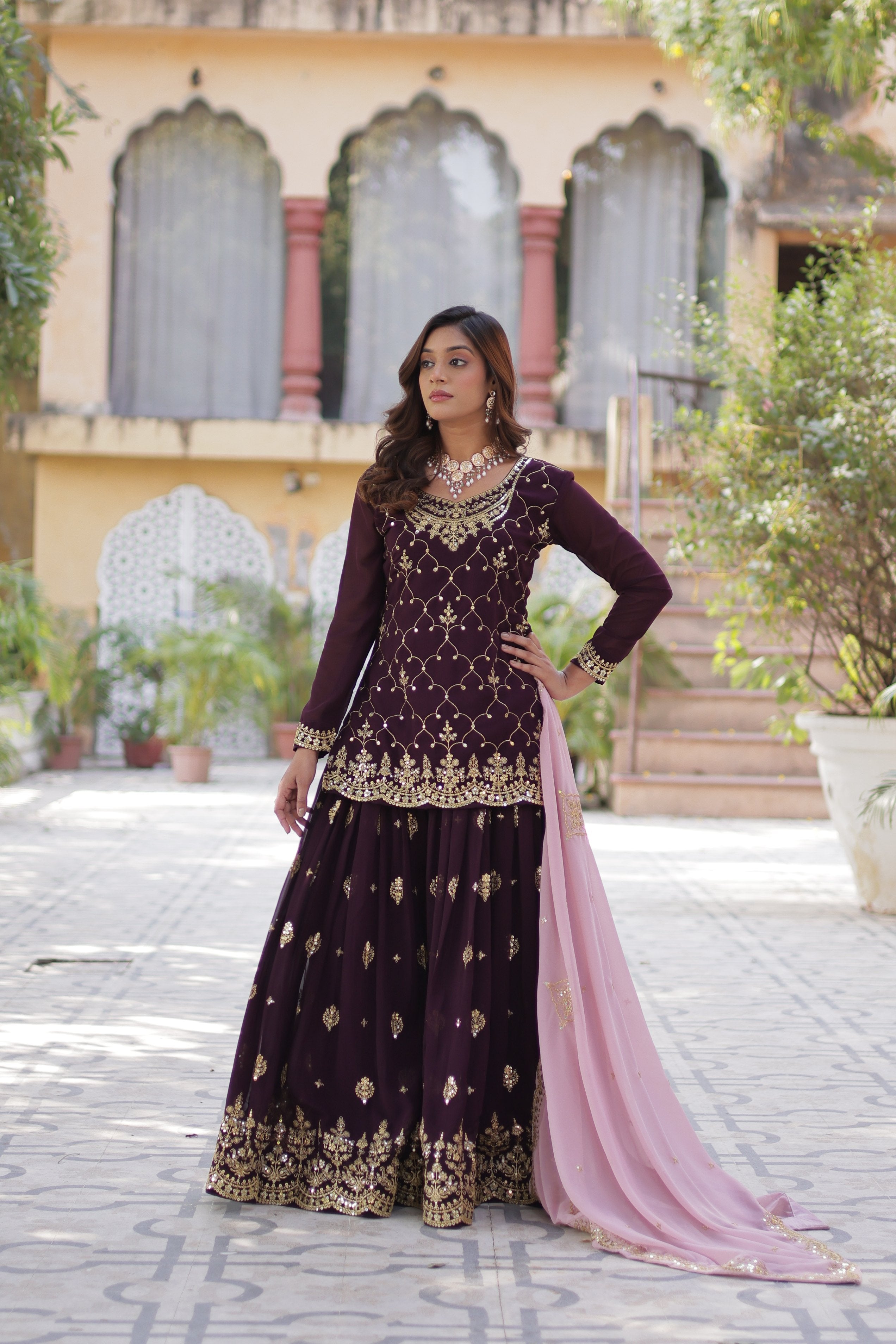 Jyoti Fashion Women's Wine Faux Blooming Sequins Embroidered Sharara Set with Dupatta