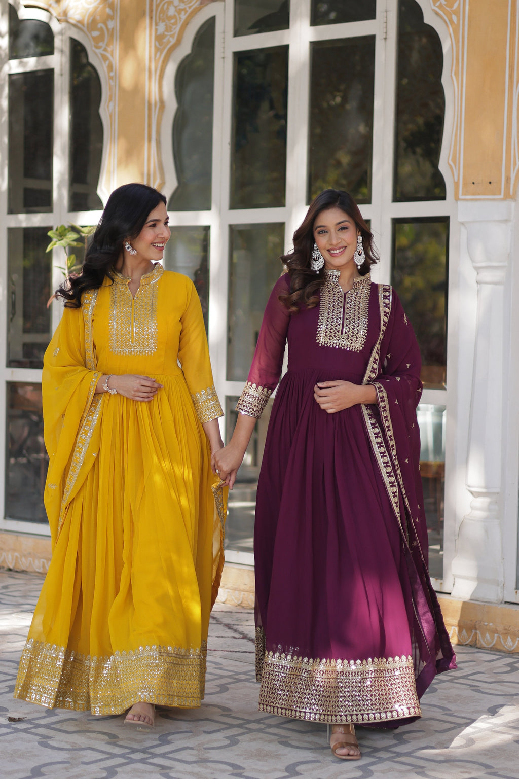 Jyoti Fashion Women's Yellow & Wine Faux Georgette Rich Sequins Embroidered Combo Anarkali Set with Dupatta