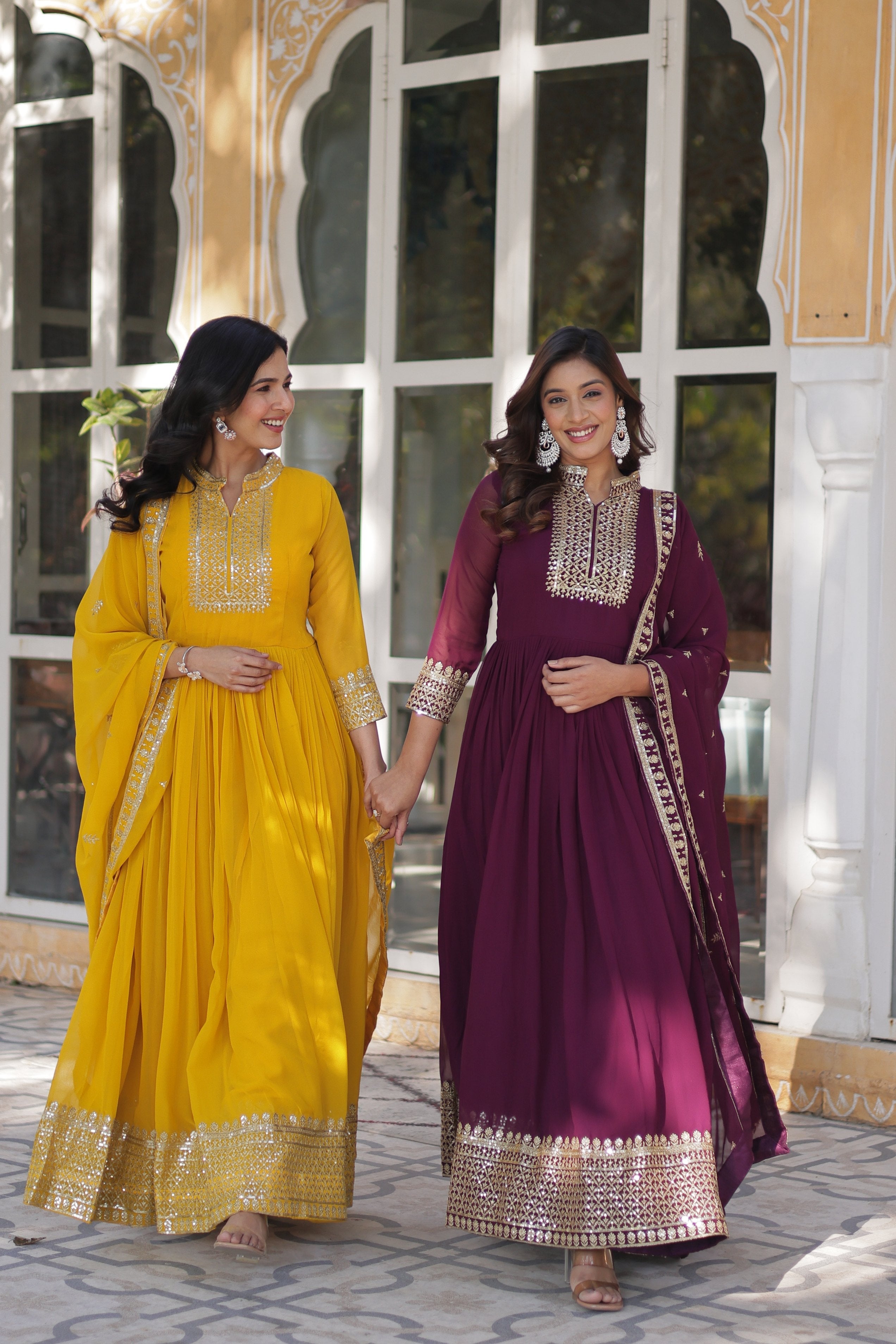 Jyoti Fashion Women's Yellow & Wine Faux Georgette Rich Sequins Embroidered Combo Anarkali Set with Dupatta