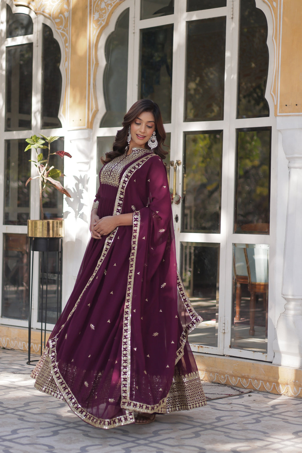 Jyoti Fashion Women's Wine Faux Georgette Rich Sequins Embroidered Anarkali Set with Dupatta